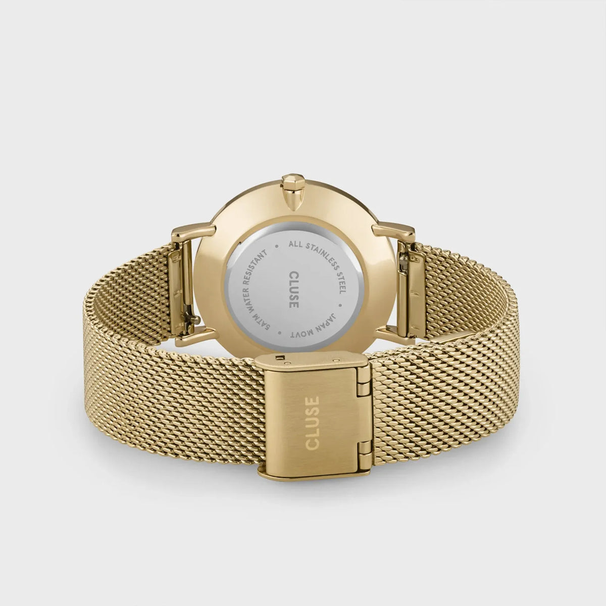 Blick auf das Band und den Gehäuseboden der goldfarbenen Cluse Damenuhr Minuit CW10204 mit rundem Gehäuse, einem goldfarbenem Zifferblatt mit Zirkonia-Steinen als Indizes und einem feinem Mesh-Uhrenarmband