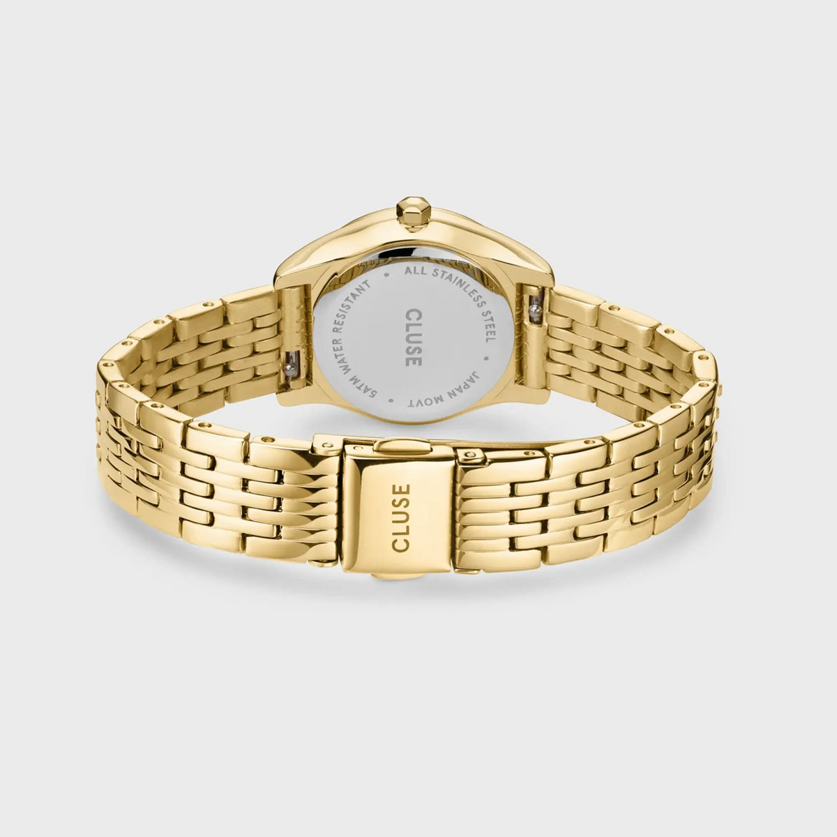 Blick auf das Band und den Gehäuseboden der der goldfarbenen Cluse Damenuhr Feroce Mini CW11705 mit rundem Gehäuse, einem weißem Zifferblatt und einem feingliedrigem, goldfarbenem Uhrenarmband