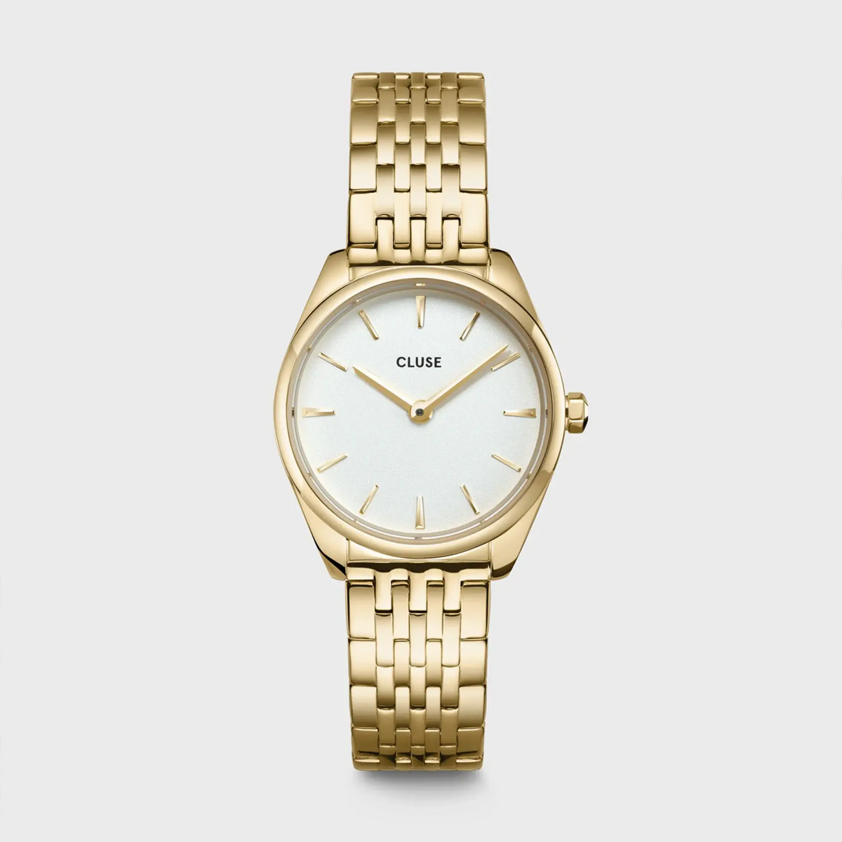 Frontale Ansicht der goldfarbenen Cluse Damenuhr Feroce Mini CW11705 mit rundem Gehäuse, einem weißem Zifferblatt und einem feingliedrigem, goldfarbenem Uhrenarmband