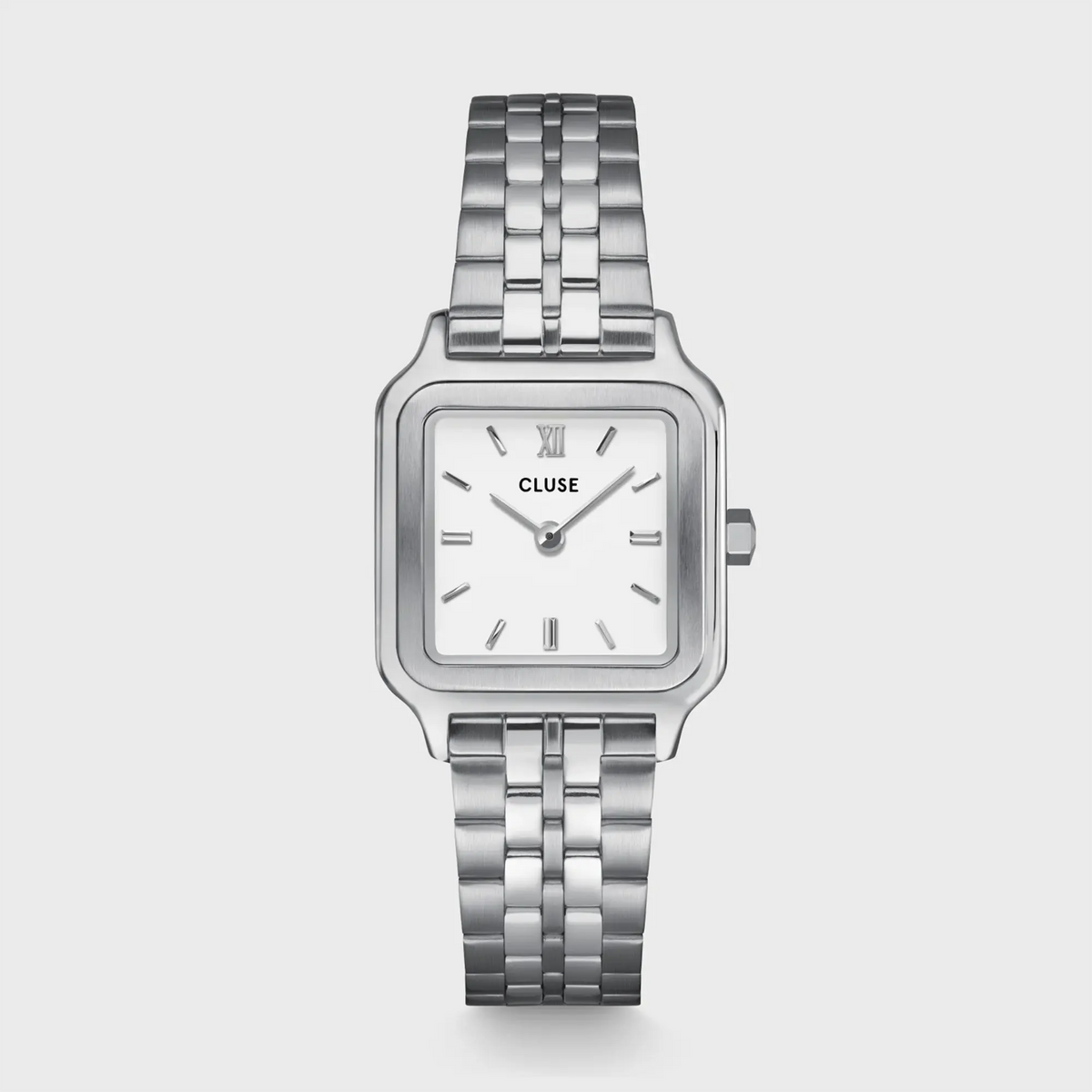 Frontale Ansicht der silberfarbenen Cluse Damenuhr Gracieuse Petite CW11817 mit weißem Zifferblatt in quadratischem Uhrengehäuse an einem silberfarbenem Edelstahl-Armband