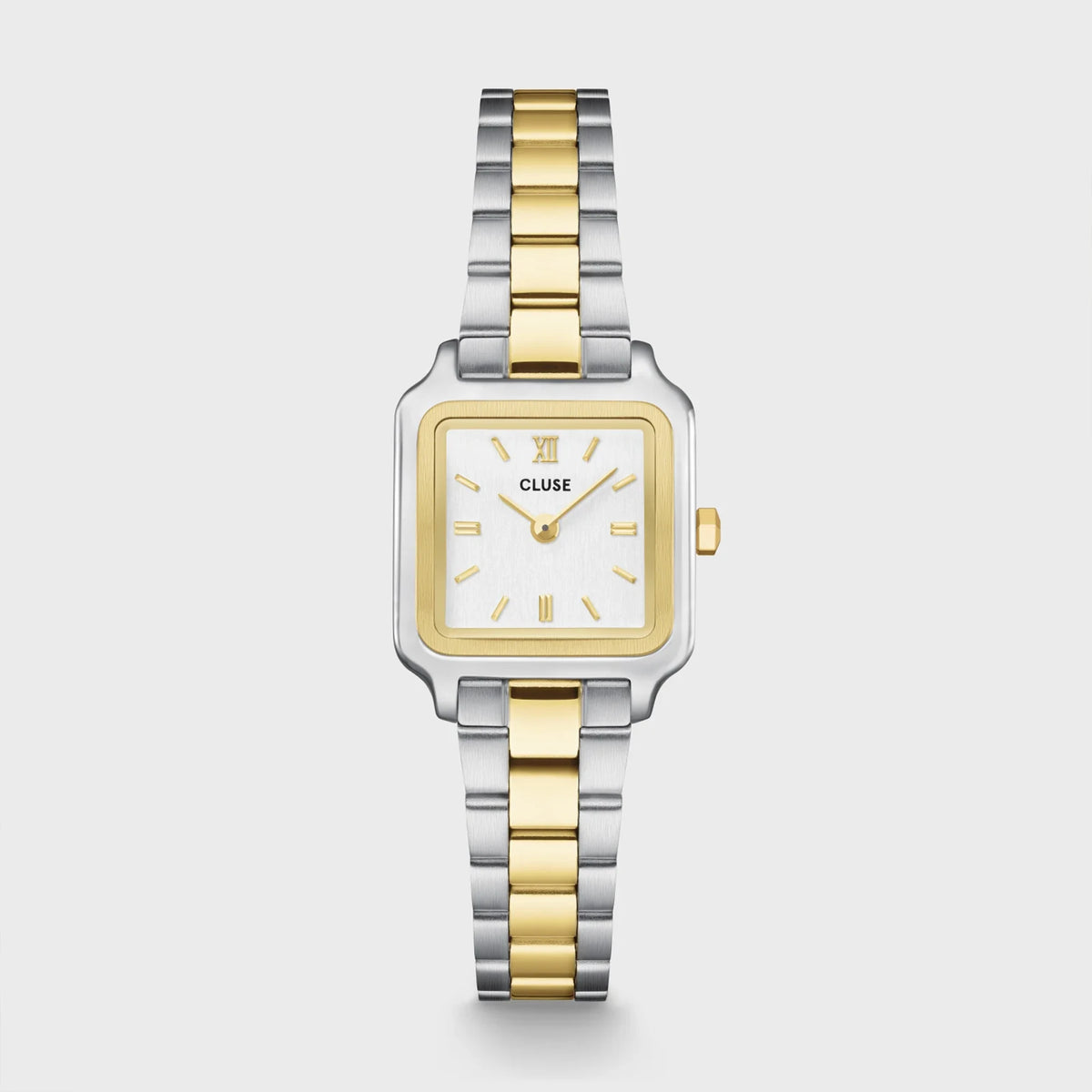 Frontale Ansicht der stahl-goldfarbenen Cluse Damenuhr Gracieuse Mini CW15501 mit quadratischen Gehäuse, einem weißem Zifferblatt und einem passenden stahl-goldfarbenen Uhrenarmband