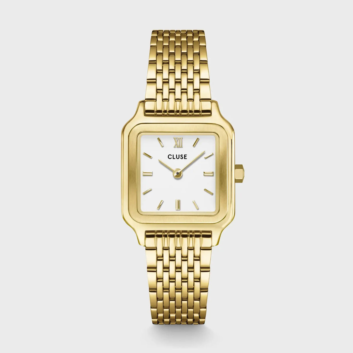 Frontale Ansicht der goldfarbenen Cluse Damenuhr Gracieuse Petite der Referenz CW11815 mit weißem Zifferblatt an einem feingliedrigen goldfarbenem Armband