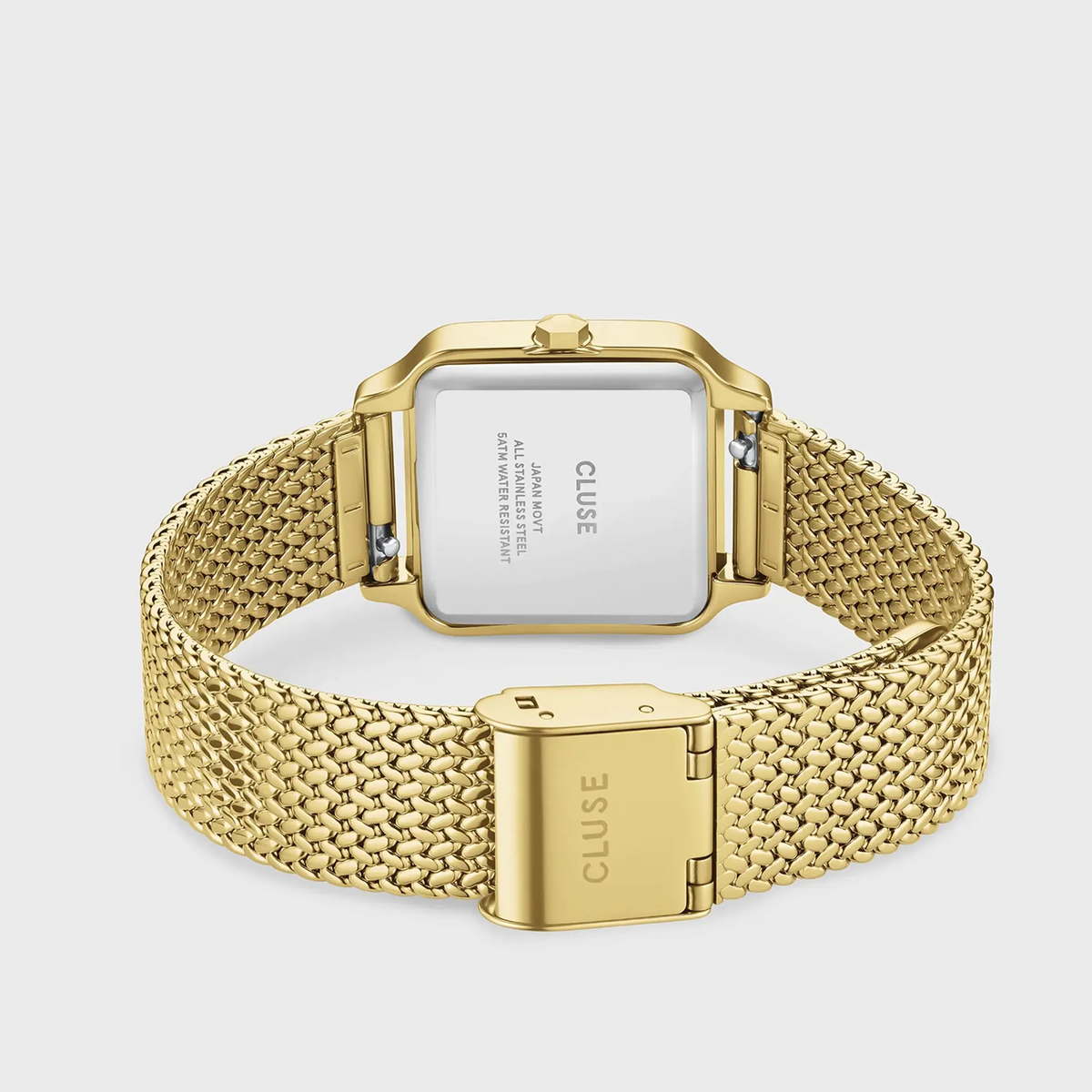 Armband der goldfarbenen Cluse Gracieuse Petite Damenuhr CW11830 mit braunem Sonnenschliff-Zifferblatt am Mesh-Armband