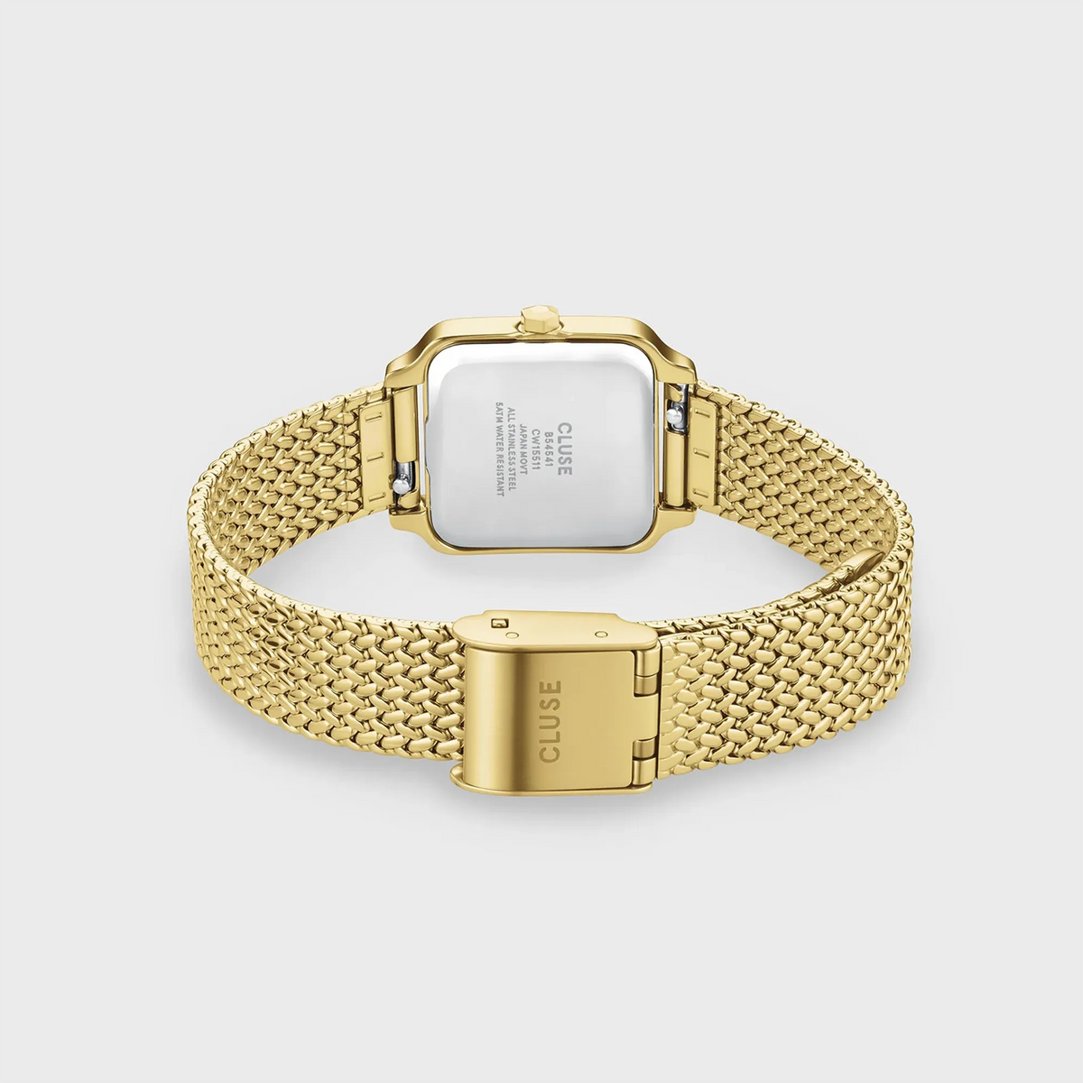 Mesh-Armband der goldfarbenen Cluse Gracieuse Mini Damenuhr CW15509 mit weißem Zifferblatt am Mesh-Armband