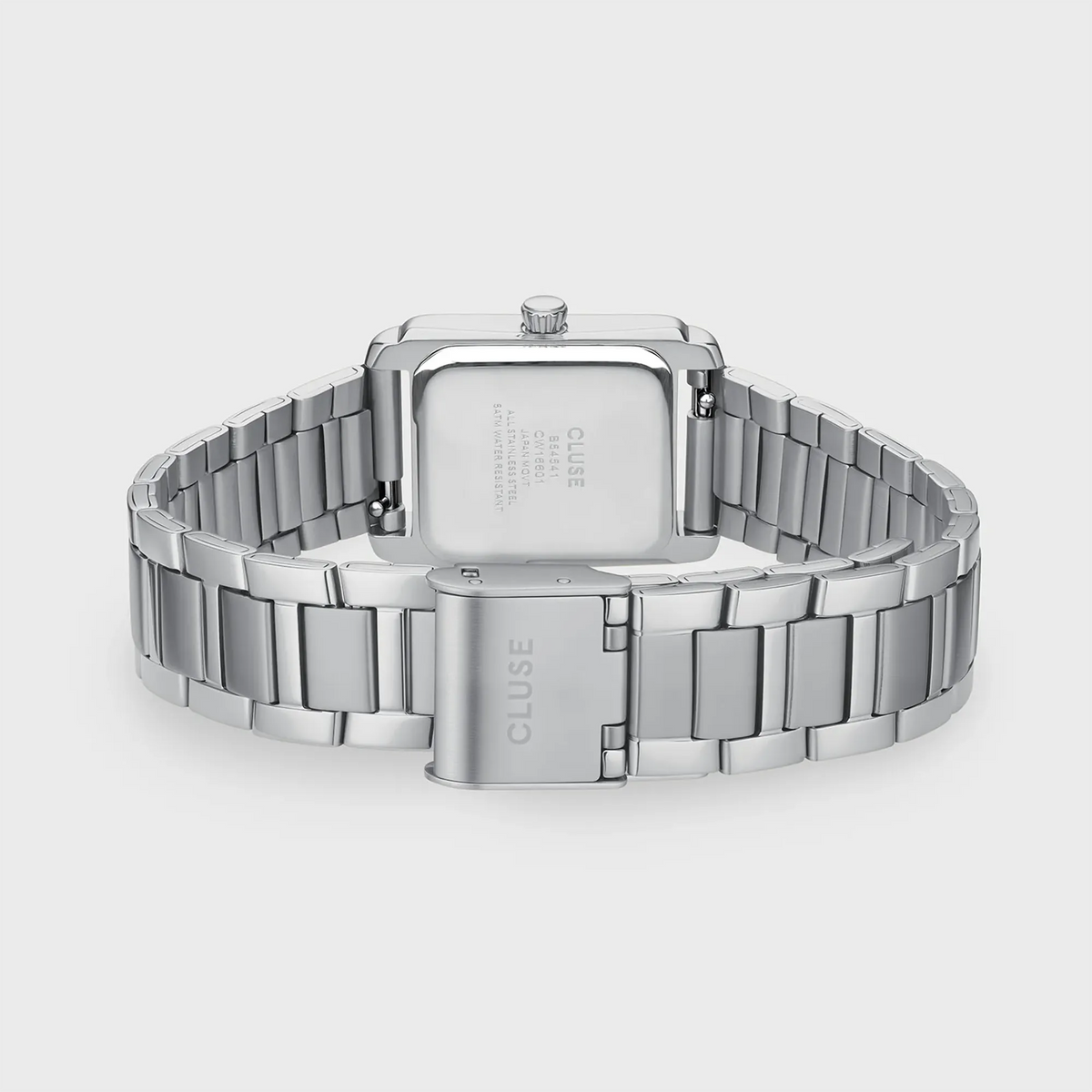 Armband der rechteckigen, silberfarbenen Cluse Anglée Damenuhr CW16601 mit weißem-silbernen, fein strukturierten Zifferblatt