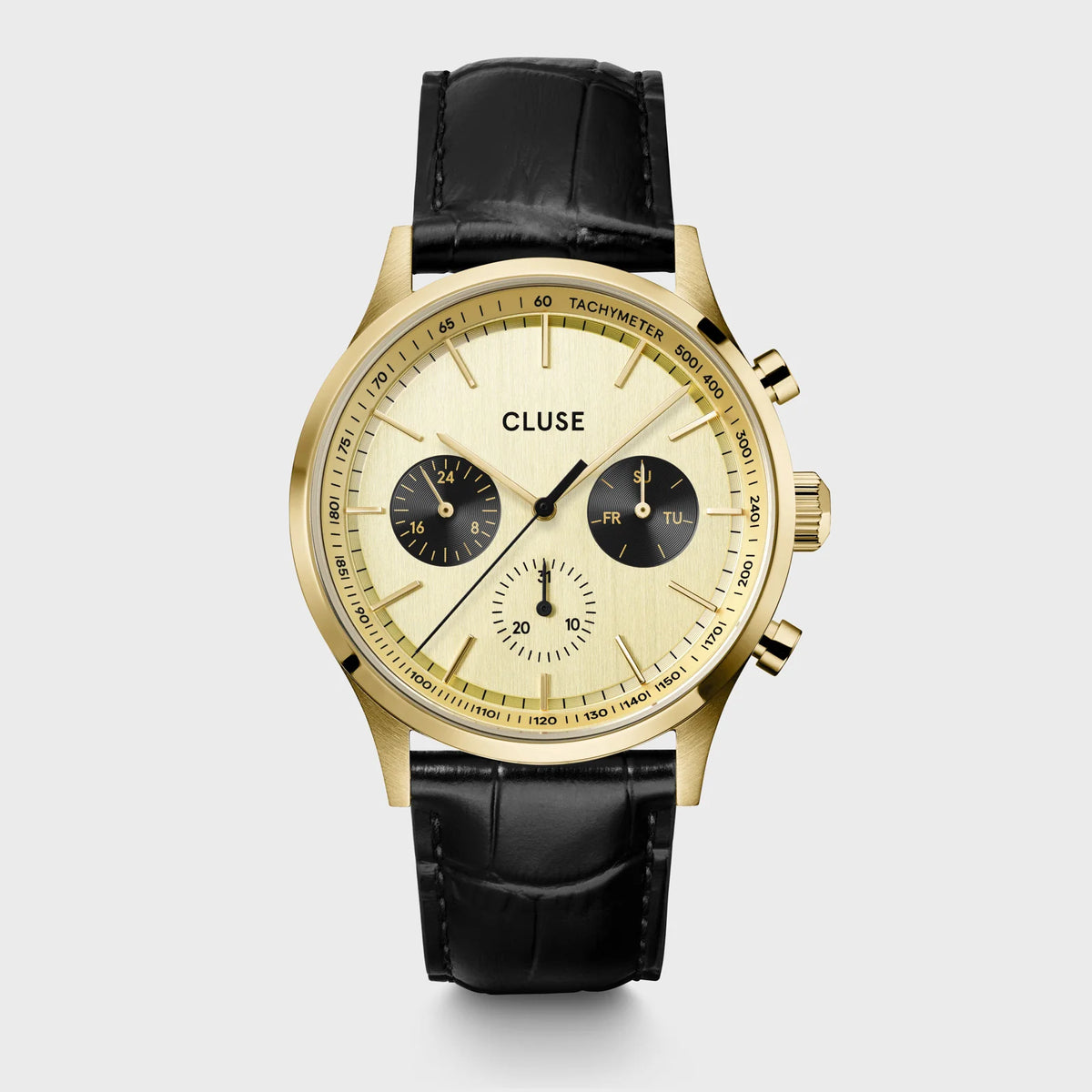Frontansicht des Chronographen für Herren CW21005 von Cluse mit goldfarbenem Gehäuse und schwarzem Lederband