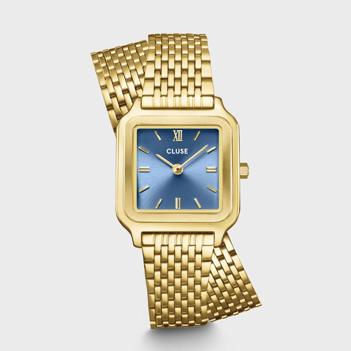 Frontale Ansicht der goldfarbenen Cluse Gracieuse Petite Damenuhr mit rechteckigem Gehäuse und blauem Zifferblatt an einem feingliedrigen Doppel-Armband