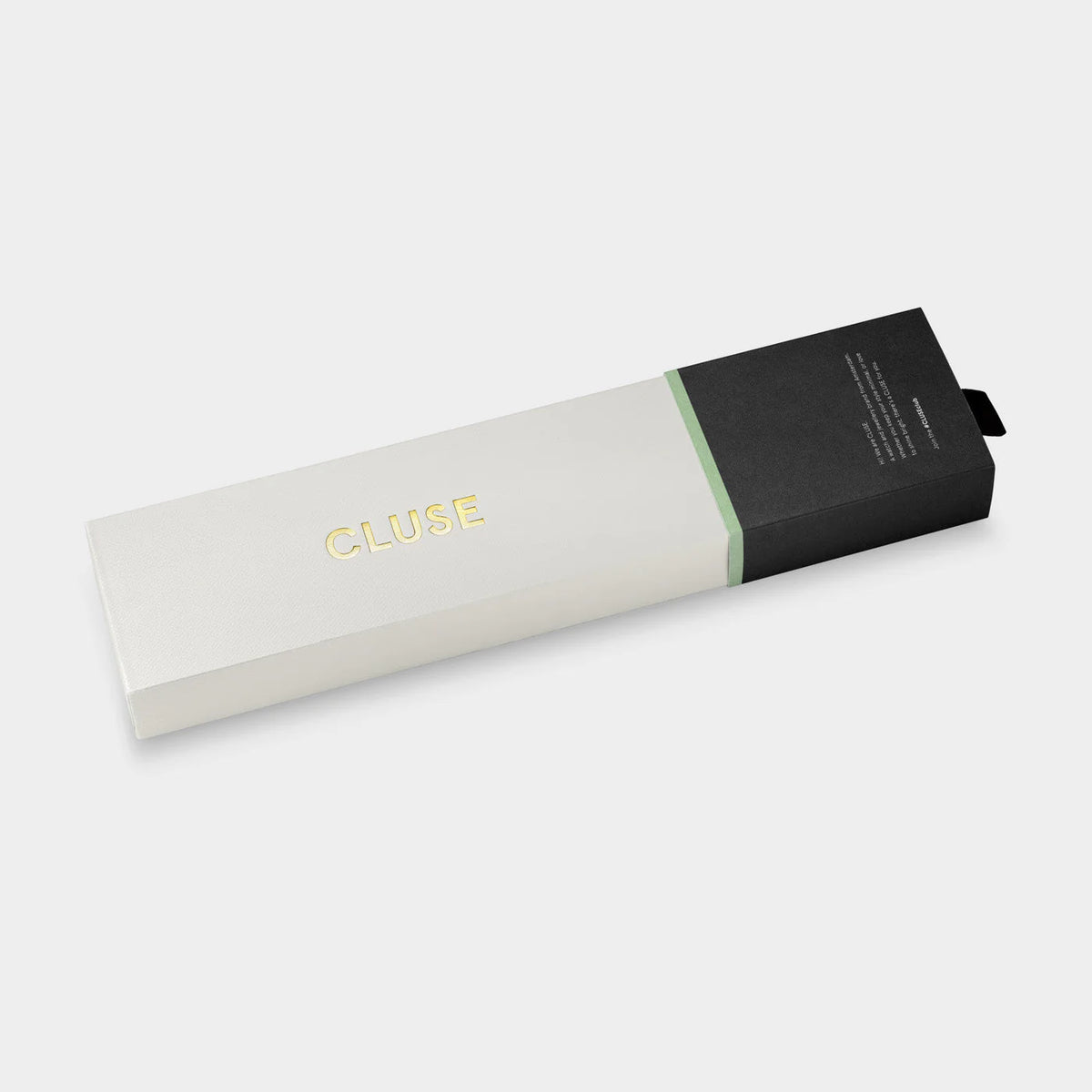 Verpackung zu der goldfarbenen Cluse Gracieuse Damenuhr mit rechteckigem Gehäuse und schwarzen Zifferblatt