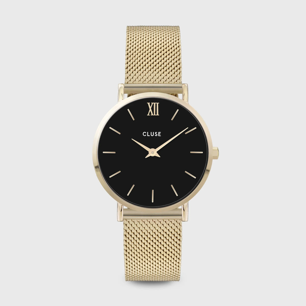Frontale Ansicht der Cluse Stahl-Uhr "Minuit Mesh" mit gelbgolden-farbigen Gehäuse mit schwarzem Zifferblatt