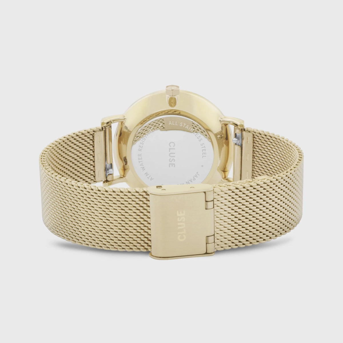 Gehäuseboden und Mesh-Armbdand der Cluse Stahl-Uhr "Minuit Mesh" mit gelbgolden-farbigen Gehäuse