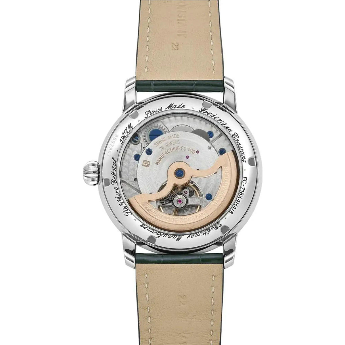 Rückseite der Manufacture Worldtimer von Frederique Constant in Grün mit Blick auf das Uhrwerk durch den Glasboden