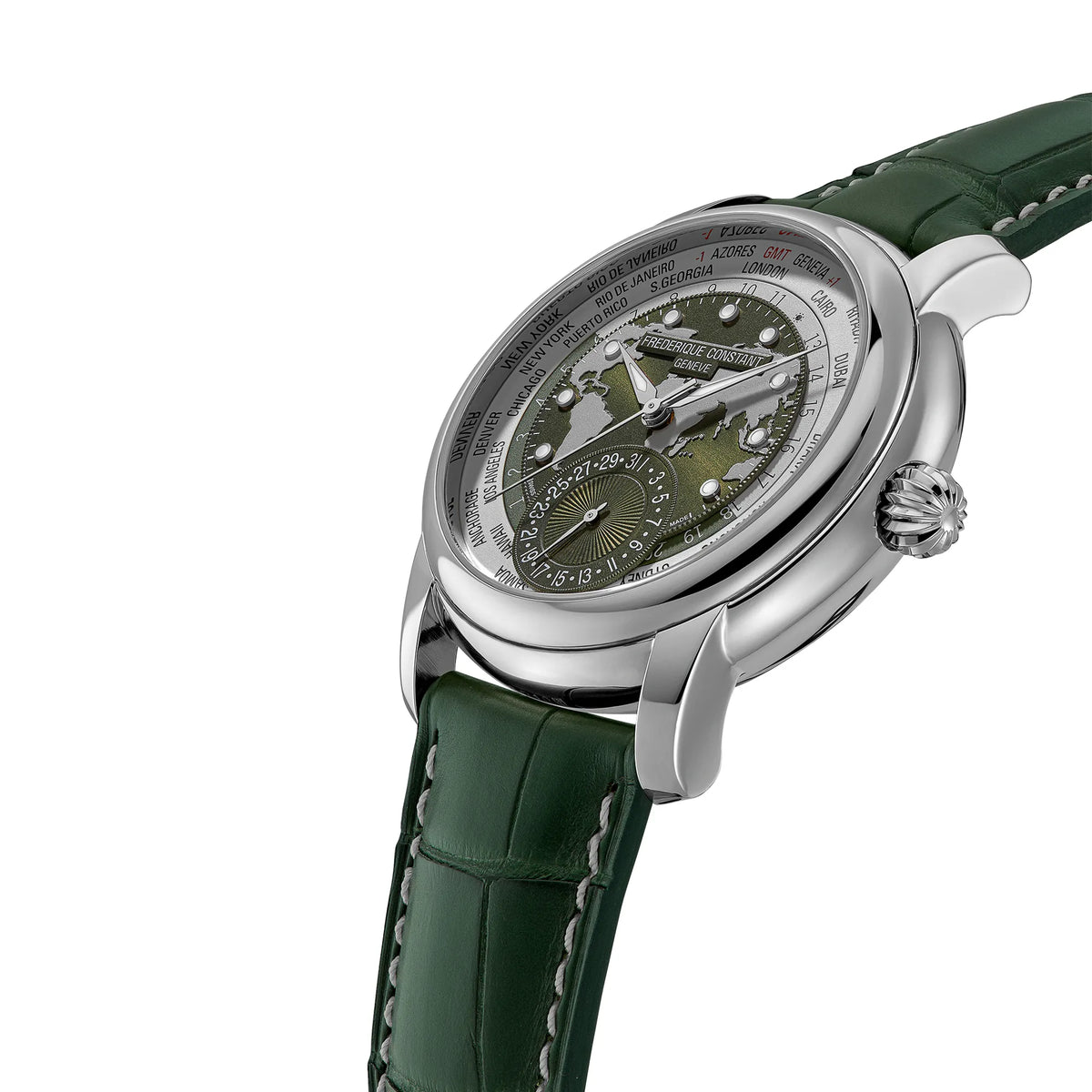 Seitliches Gehäuse der Manufacture Worldtimer von Frederique Constant in Grün mit Weltkarten-Zifferblatt