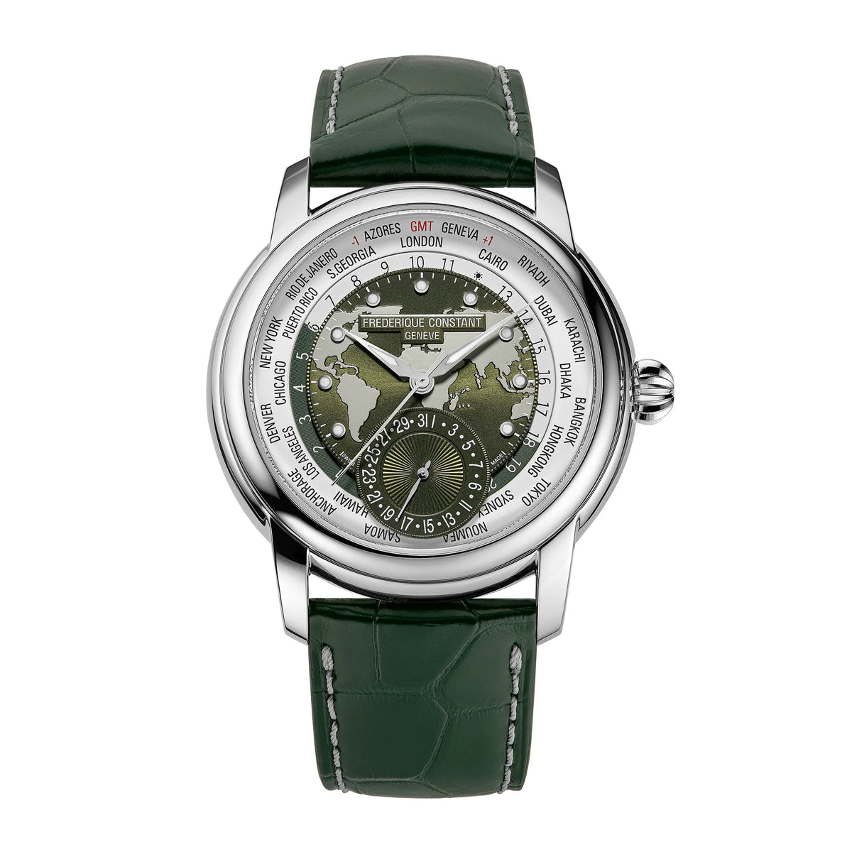Frontale Ansicht der Manufacture Worldtimer von Frederique Constant in Grün mit Weltkarten-Zifferblatt