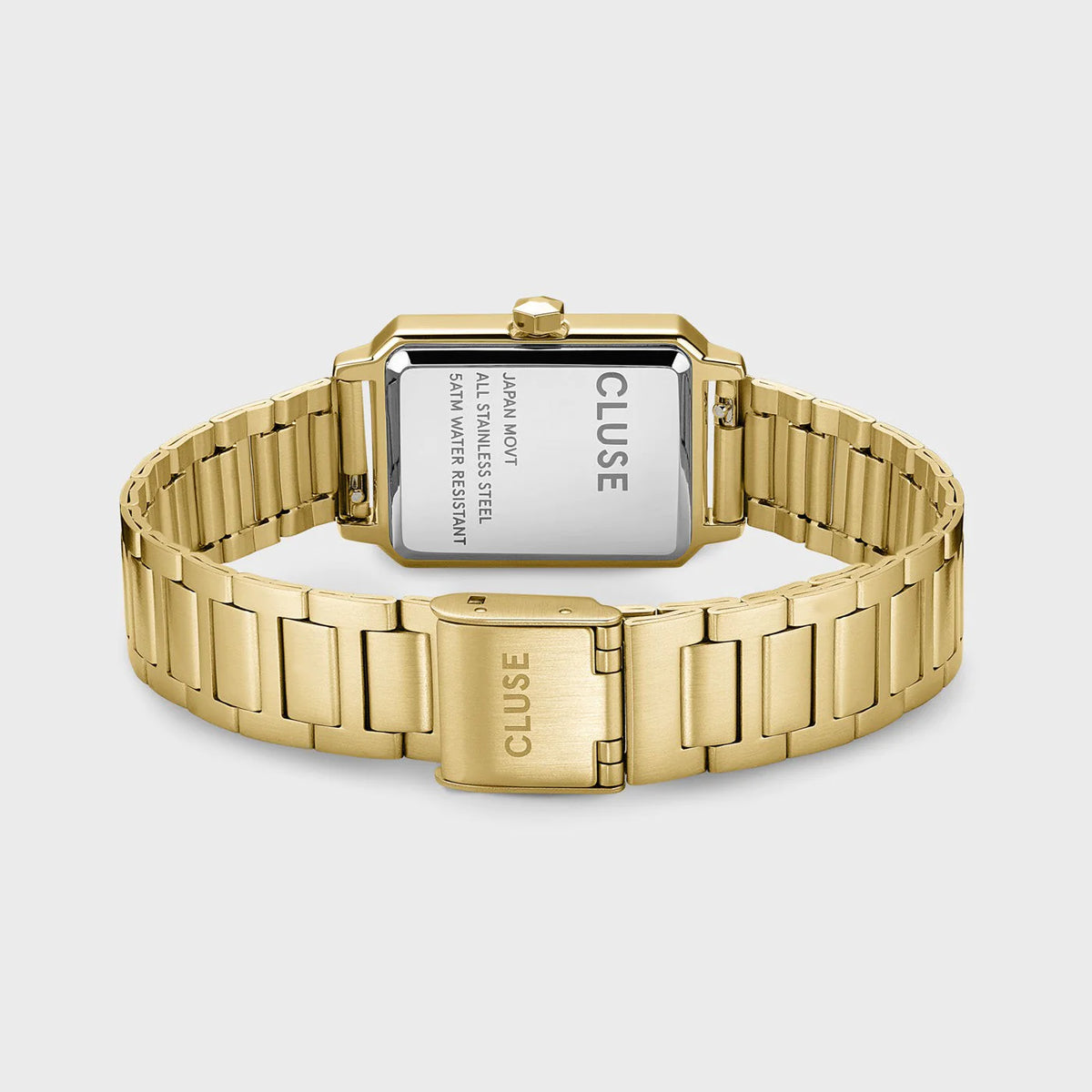 Gehäuseboden und Edelstahl-Armband der Cluse "Fluette" Stahl-Uhr mit gelbgold-farbenem Zifferblatt und Gehäuse