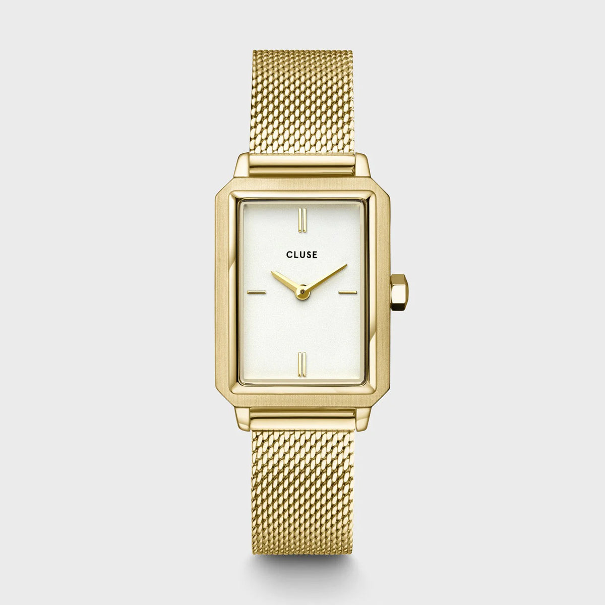 Frontale Ansicht der Cluse Stahl-Uhr "Fluette" mit gelbgoden-farbigem Gehäuse und weißem Zifferblatt