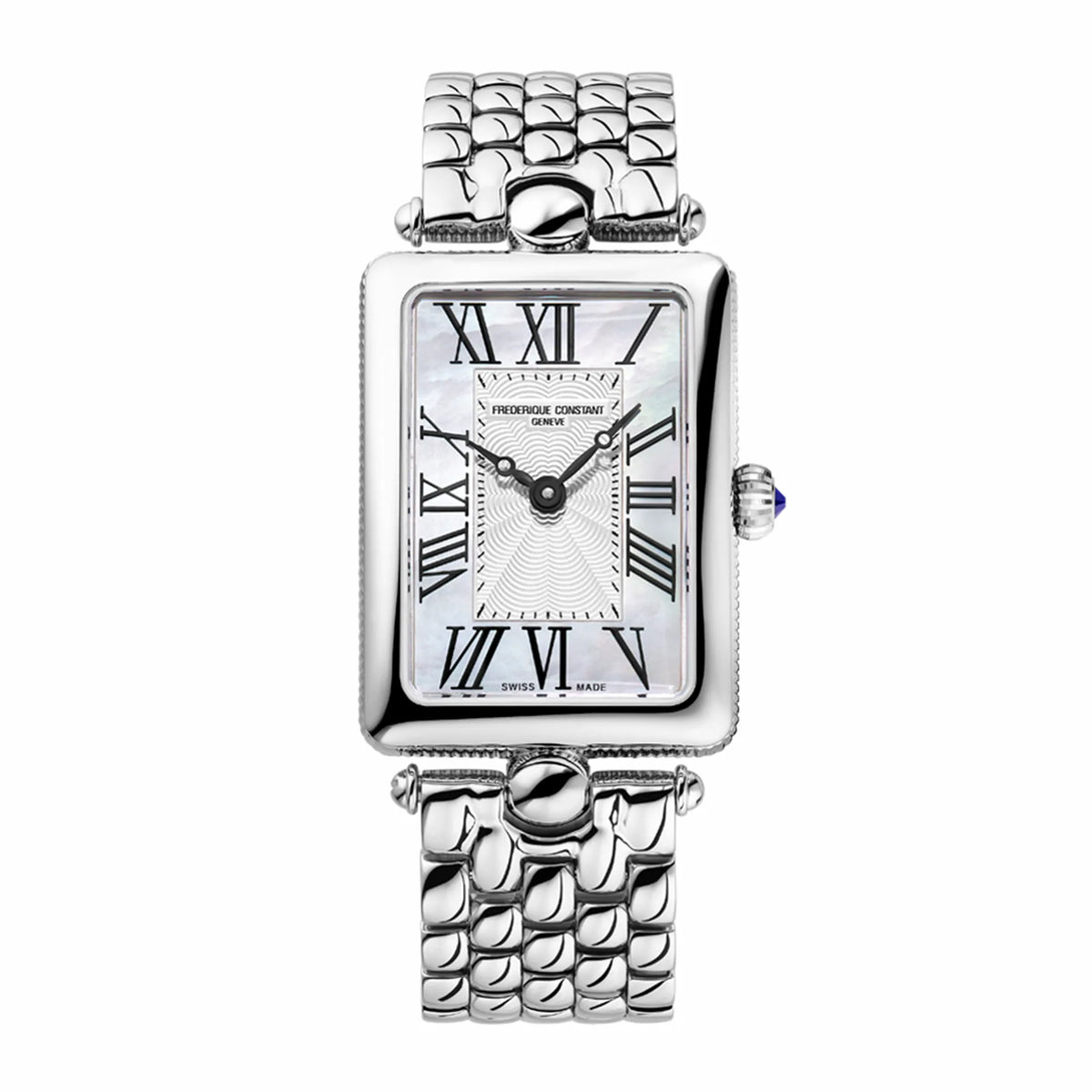 Frontale Ansicht der Frederique Constant Art Deco Carre aus der Classics Kollektion mit einem rechteckigen Uhrengehäuse mit einem Zifferblatt in Perlmutt-Optik und schwarzen, römischen Ziffern