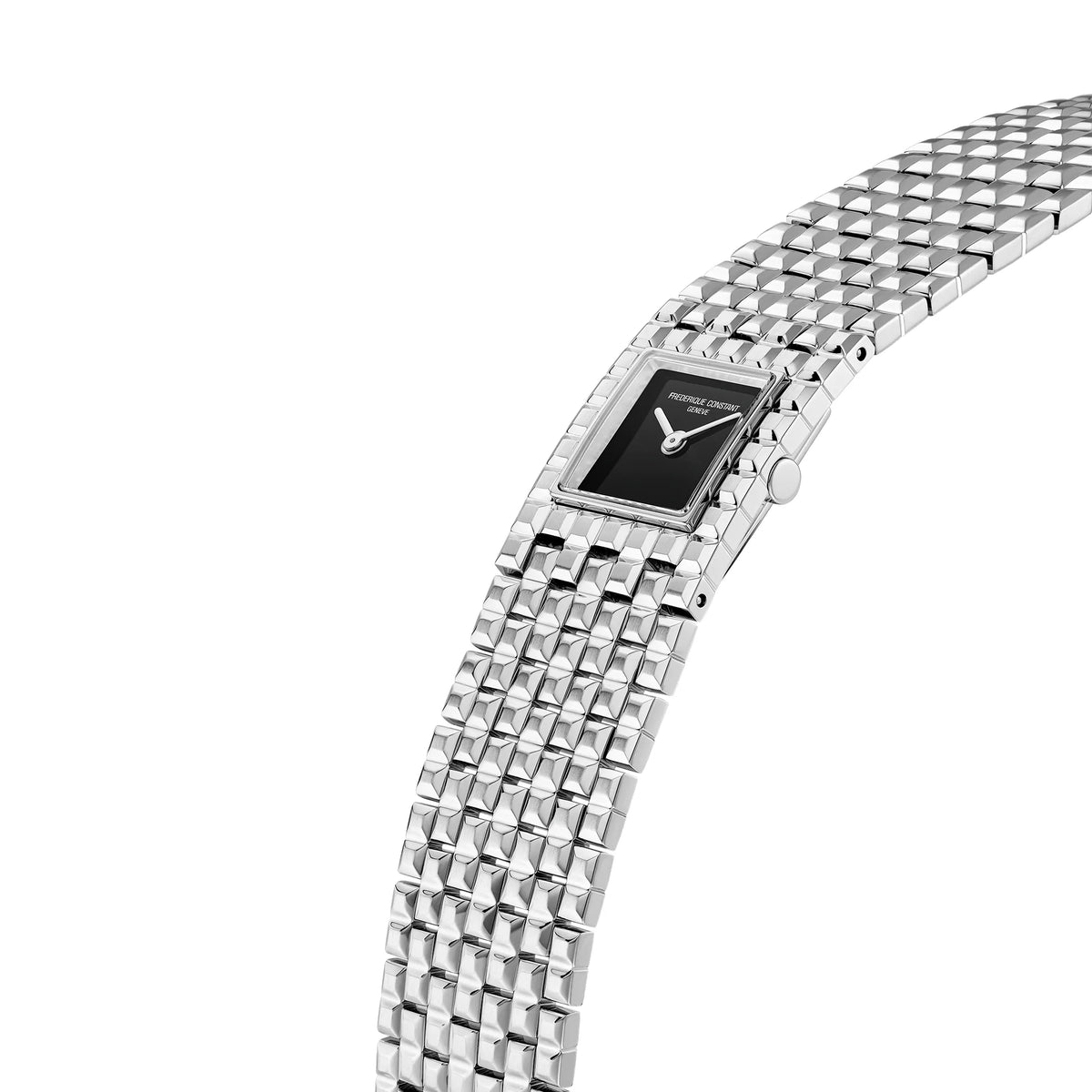Leicht seitliche Ansicht der Manchette Armbanduhr von Frederique Constant mit schwarzem Onyx Zifferblatt, die insgesamt mehr einem Armband ähnelt