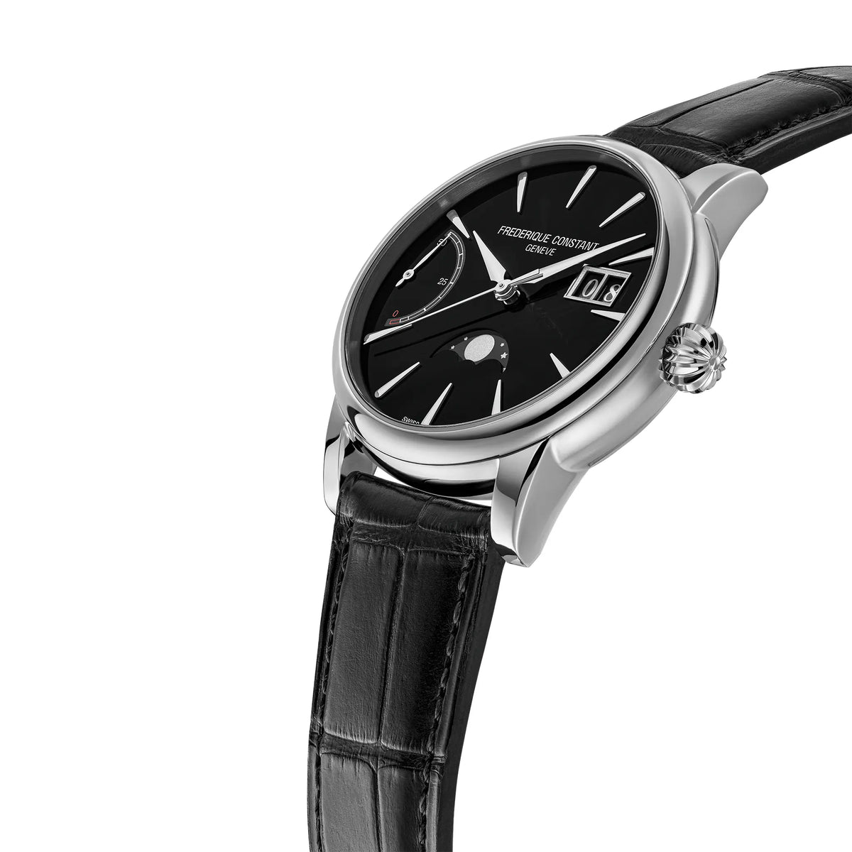 Leicht seitliche Ansicht der Frederique Constant Classic Power Reserve Big Date aus der Manufacture Kollektion mit einem schwarzen Lack-Zifferblatt an einem schwarzen Lederband