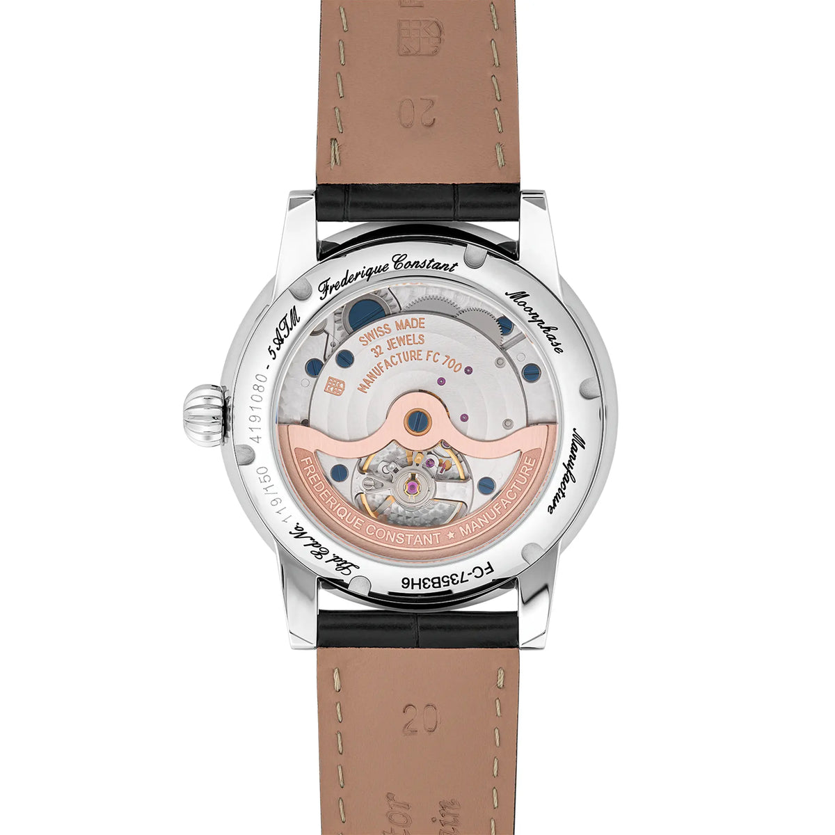 Gehäuseboden mit Sichtglas von der Frederique Constant Classic Power Reserve Big Date aus der Manufacture Kollektion mit einem schwarzen Lack-Zifferblatt an einem schwarzen Lederband zeigt das Automatikuhrwerk