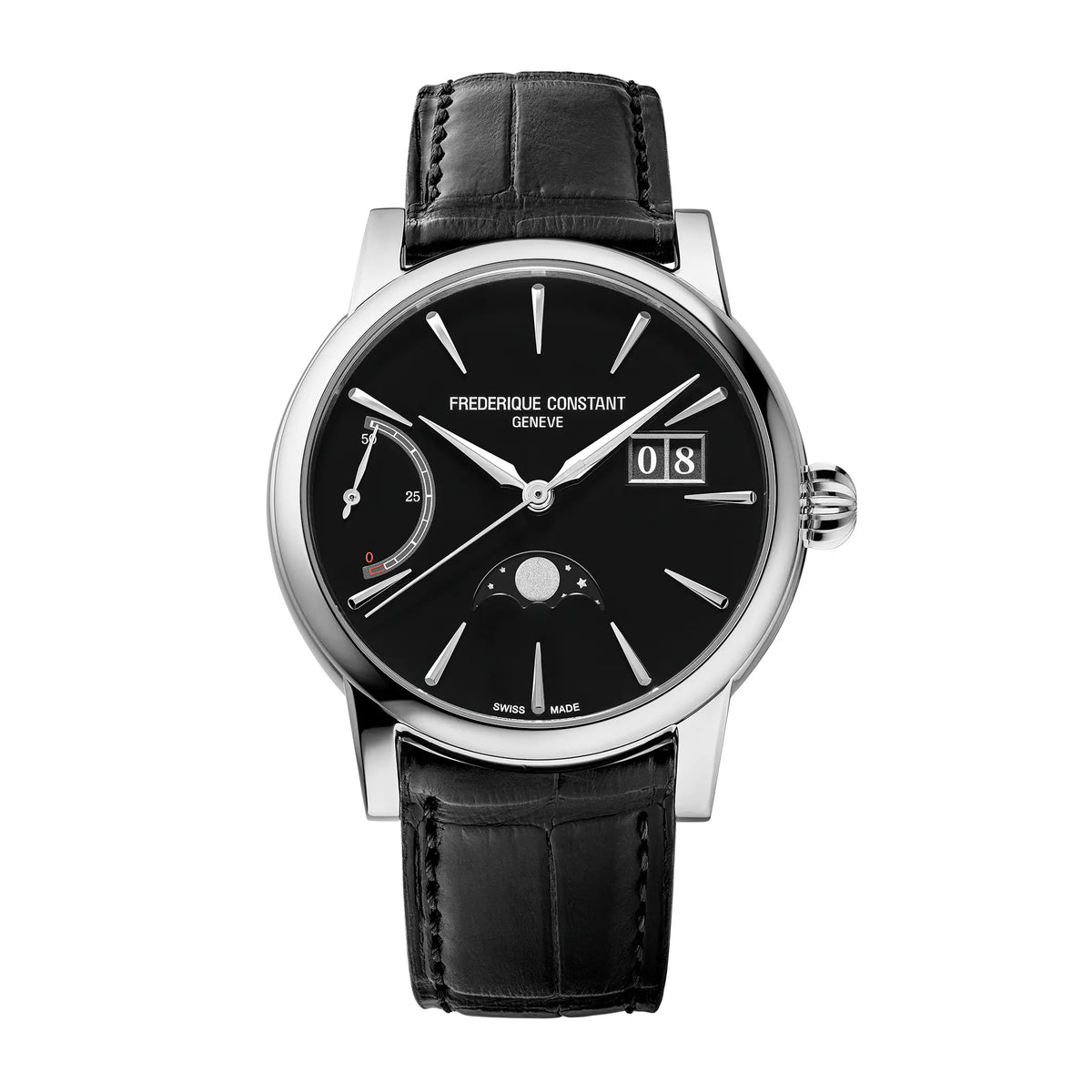 Frontale Ansicht der Frederique Constant Classic Power Reserve Big Date aus der Manufacture Kollektion mit einem schwarzen Lack-Zifferblatt an einem schwarzen Lederband