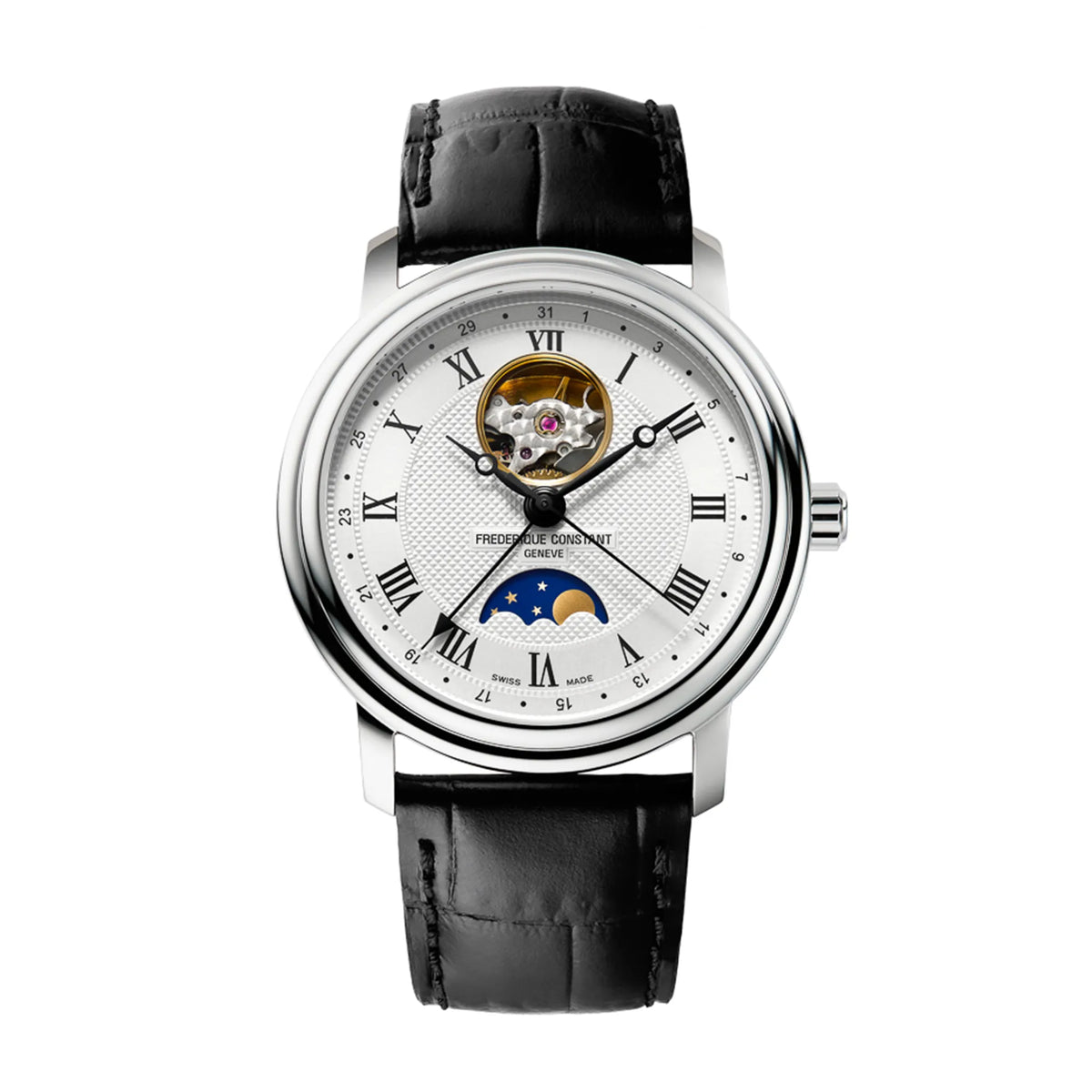 Frontale Ansicht der Heart Beat Moonphase Date Armbanduhr von Frederique Constant aus der Classics Kollektion