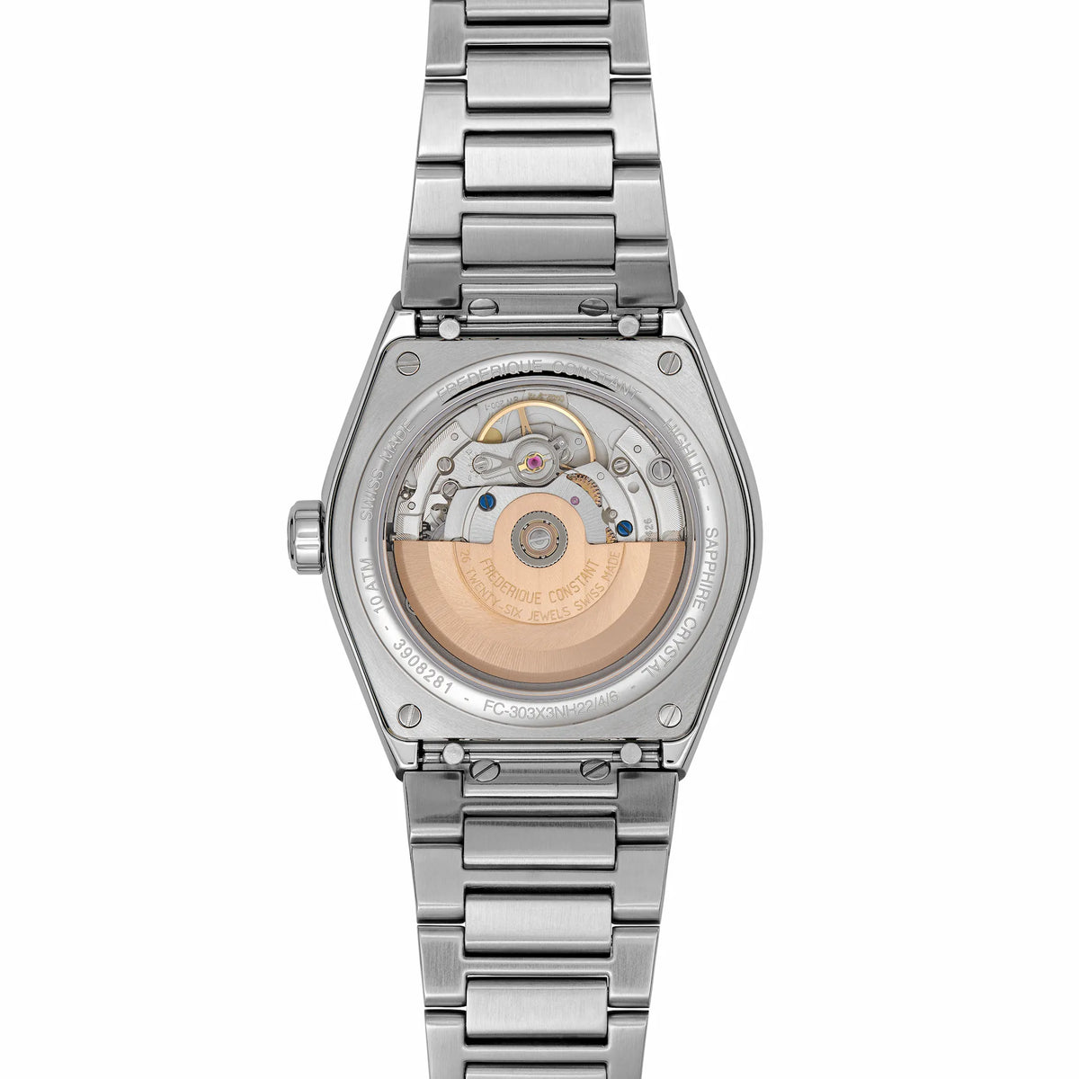 Rückseite mit Blick durch den gläsernen Gehäuseboden des Uhren-Modells "Highlife Automatic COSC" mit dem weißen Zifferblatt von Frederique Constant