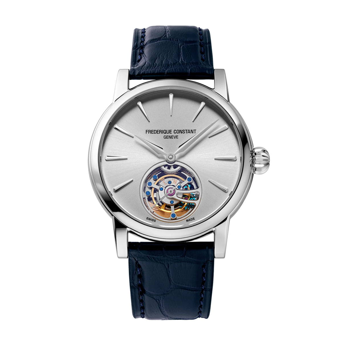 Produktfotografie der Frederique Constant Manufacture Classic Tourbillon FC-980S3H6 in Stahl mit silberfarbenem Zifferblatt und Tourbillon-Käfig bei 6 Uhr an einem dunkelblauen Alligator-Lederband