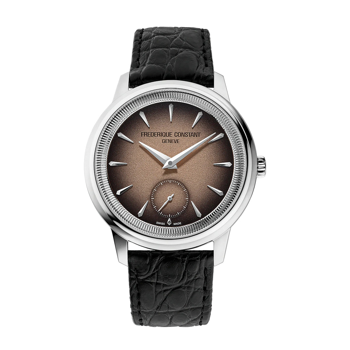 Frontale Ansicht der Frederique Constant Moneta Handaufzug Limited Edition der Referenz FC-435BBL3S6 mit braun-schwarz verlaufendem Ombre-Dial am schwarzen Lederband