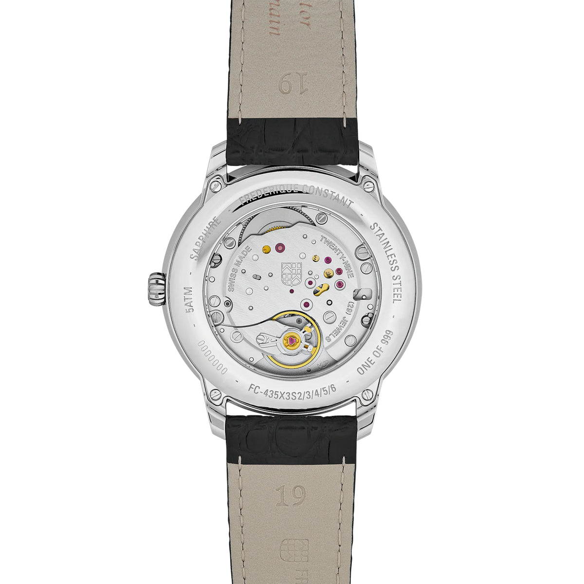Gehäuseboden mit Sichtglas zeigt das Caliber der Frederique Constant Moneta Handaufzug Limited Edition der Referenz FC-435BBL3S6 mit braun-schwarz verlaufendem Ombre-Dial am schwarzen Lederband