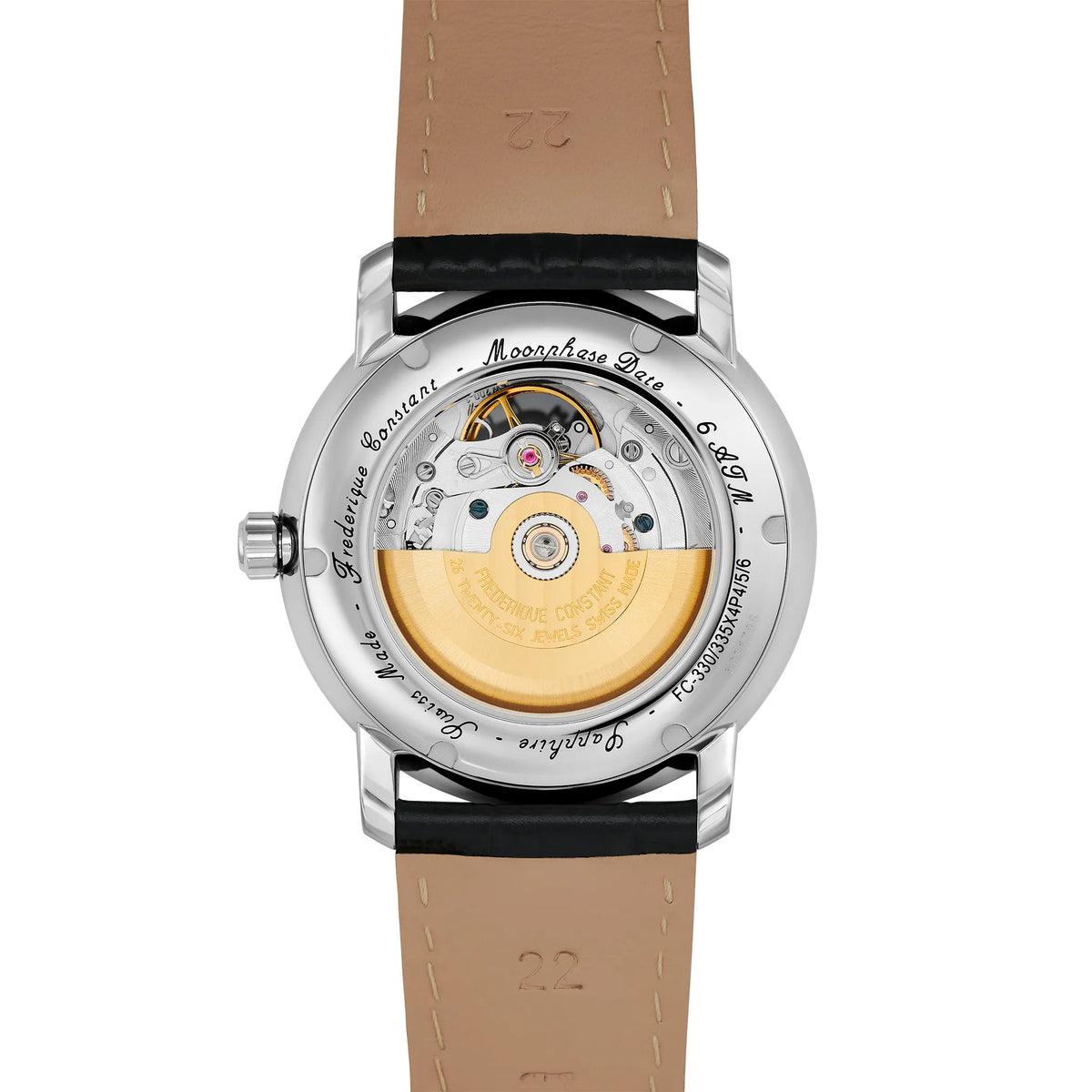 Rückseite der Heart Beat Moonphase Date Armbanduhr von Frederique Constant aus der Classics Kollektion mit Blick auf das automatische Uhrwerk durch den Glasboden