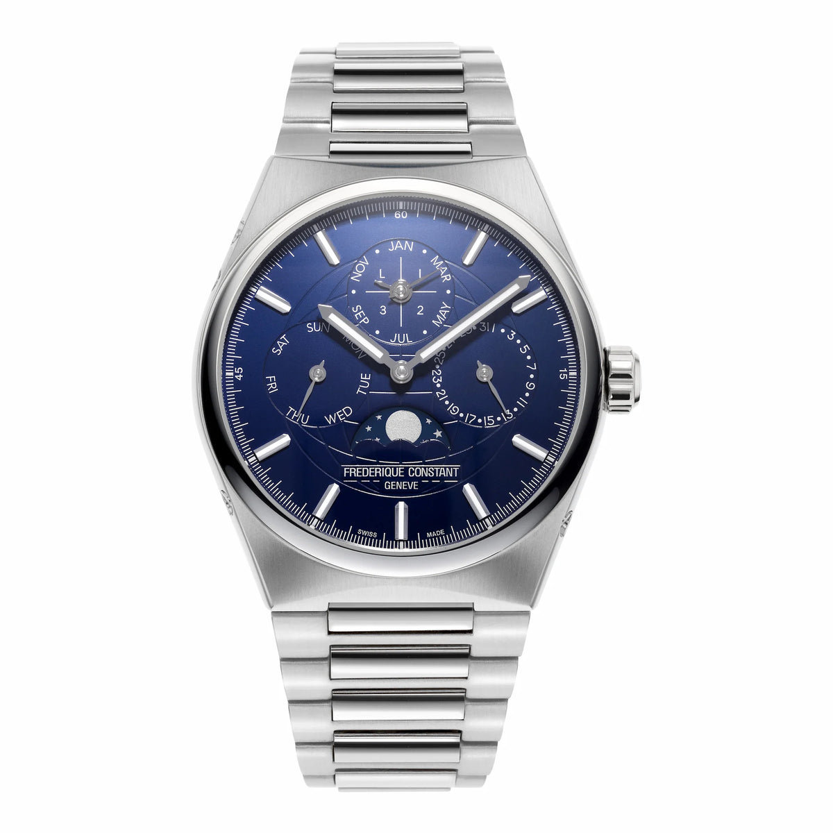 Frontale Ansicht des ewigen Kalenders mit einem blauen Zifferblatt aus der Highlife Kollektion von Frederique Constant