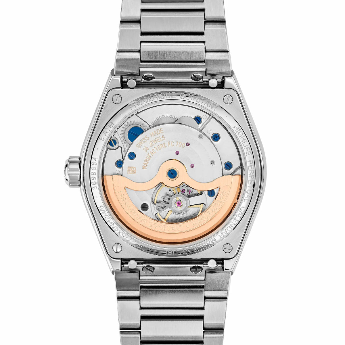 Rückseite des ewigen Kalenders mit einem blauen Zifferblatt aus der Highlife Kollektion von Frederique Constant mit Blick auf das Uhrwerk durch den Glasboden