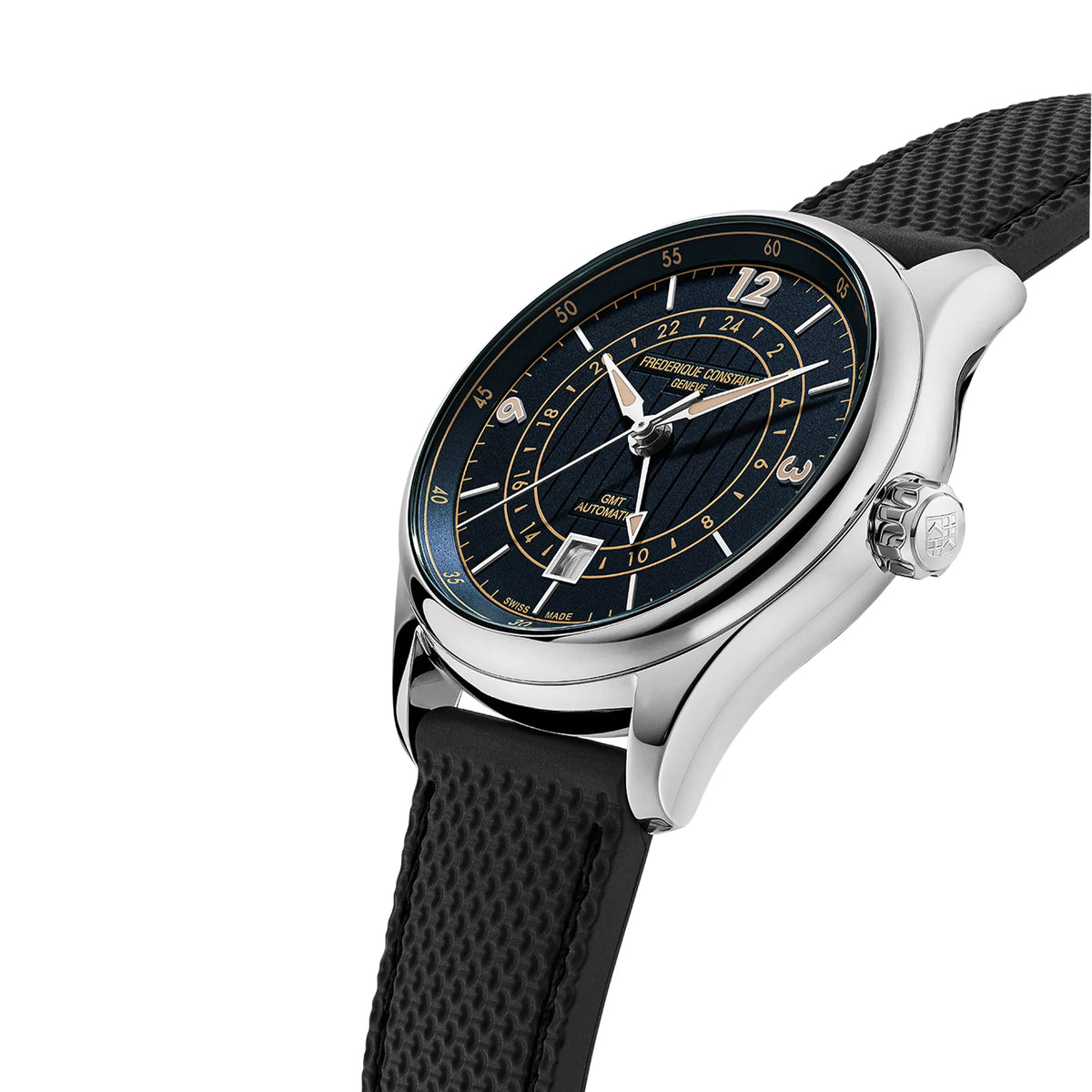 Leicht seitliche Ansicht der Frederique Constant Runabout GMT Herrenuhr FC-350RN5B6 mit 42mm Edelstahl-Gehäuse, tiefblauem Zifferblatt mit Indizes im beigen Vintage-Look am schwarzen Kautschuk-Armband