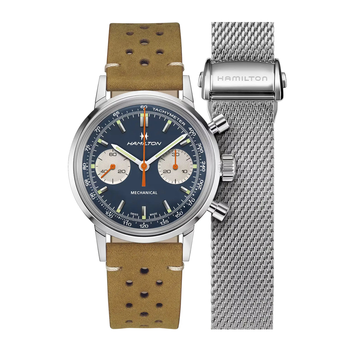 Produktfotografie des Hamilton American Classic Intra-matic Chronographen mit blauem Zifferblatt und orangen Details an einem hellbraunen Lederband mit zusätzlichem Mesh-Edelstahl-Armband