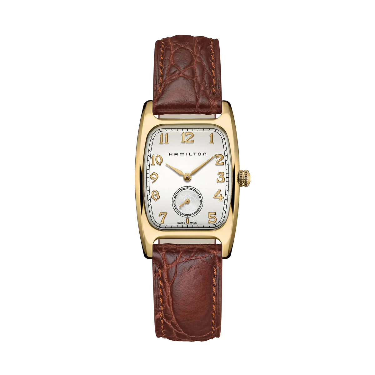 Frontale Ansicht der goldfarbenen Hamilton American Classic Boulton mit ihrem länglichen Uhrengehäuse an einem braunen Lederband