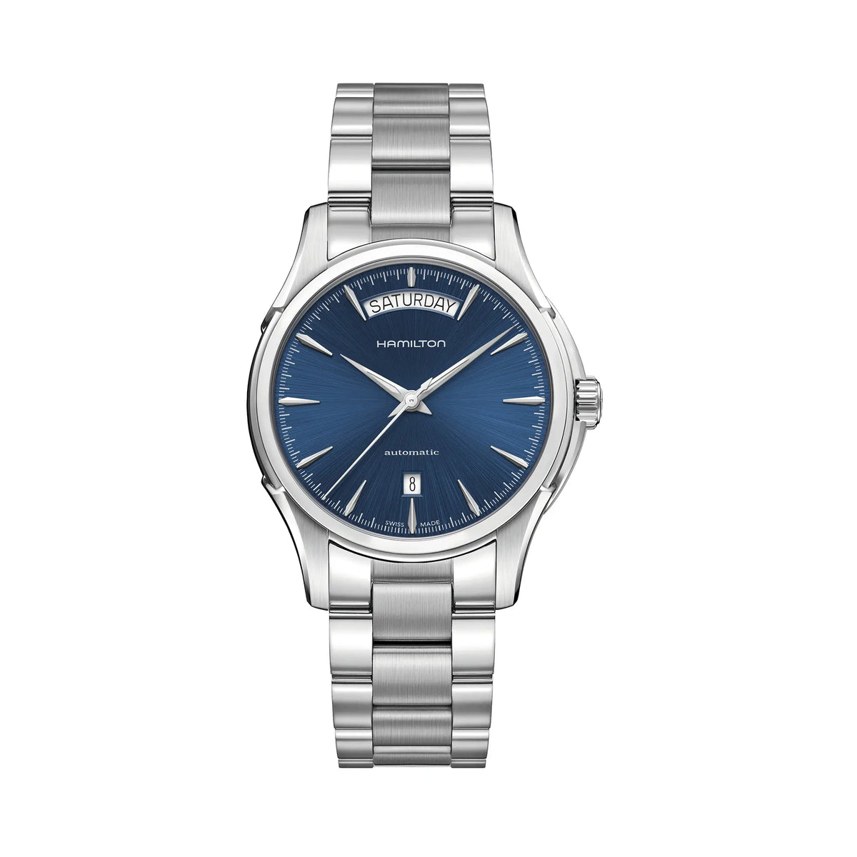 Produktfotografie der Hamilton Jazzmaster Day Date Auto im 40mm-Edelstahl-Gehäuse mit blauem Zifferblatt