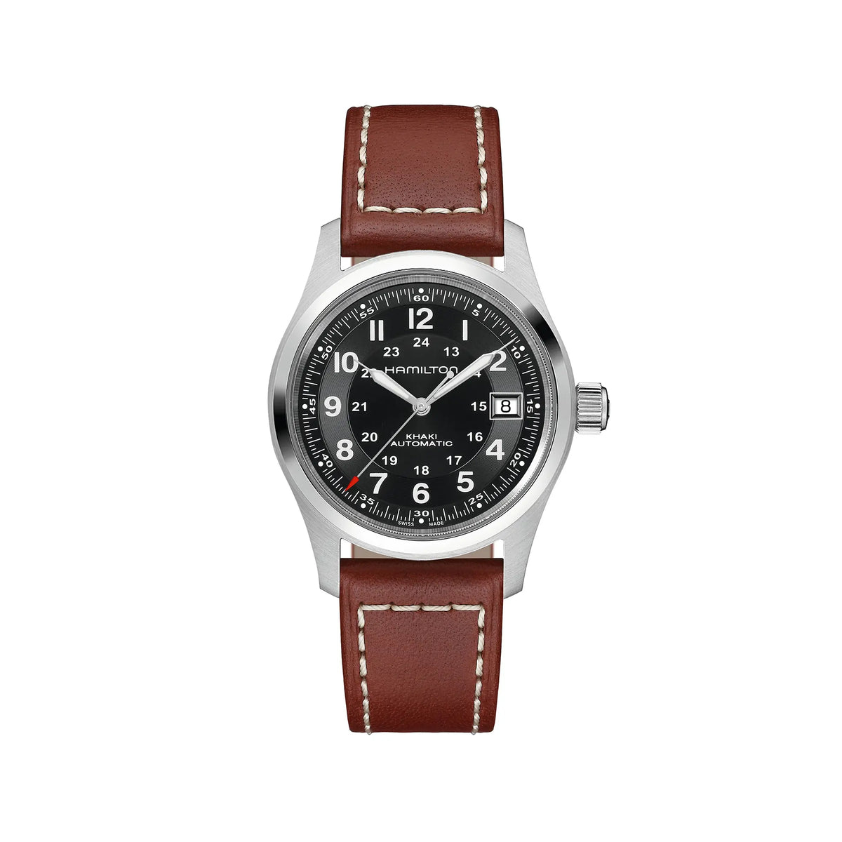 Frontale Ansicht der Hamilton Khaki Field Auto H70455533 mit schwarzem Zifferblatt an einem weiß abgenähtem braunen Lederband