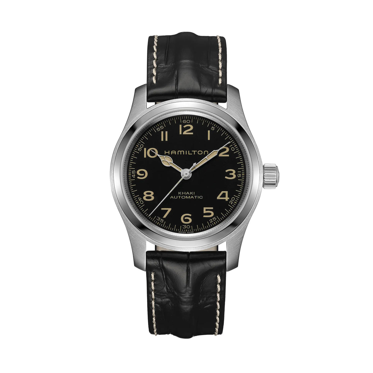 Frontale Ansicht der Hamilton Khaki Murph mit 42mm-Edelstahl-Gehäuse im Bundle-Set mit schwarzem Lederband und zusätzlichem Edelstahl-Armband