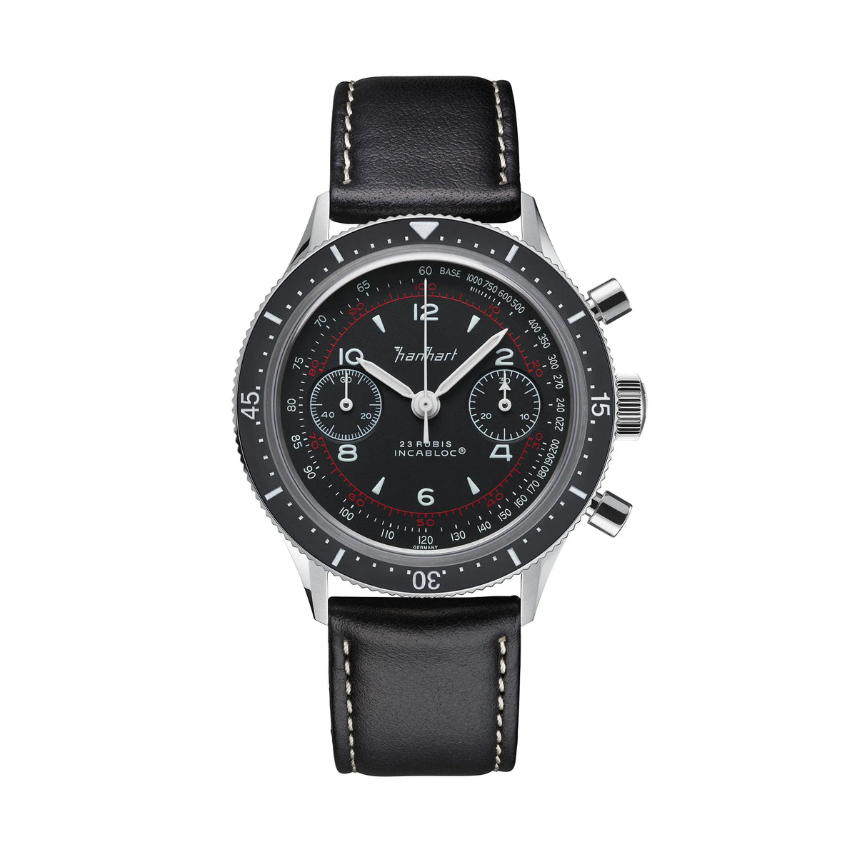 Frontale Ansicht des Hanhart 415 ES Pure Chronographen in Edelstahl mit weißen und roten Details am Lederband