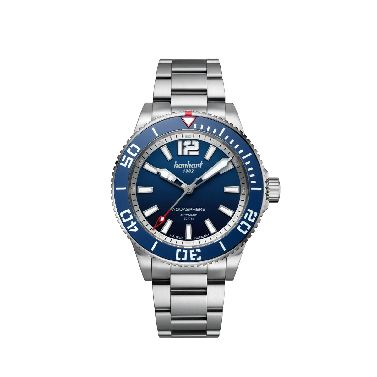 Frontale Ansicht der Hanhart Aquasphere mit dem blau-schwarz verlaufenden "Ocean Fade"-Zifferblatt und blauem Keramik-Inlay auf der Lünette am Edelstahlarmband