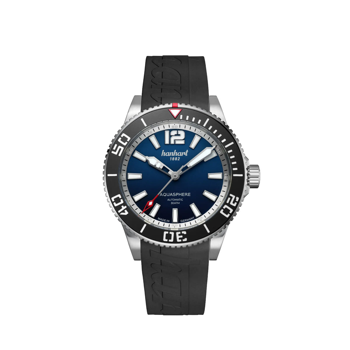 Frontale Ansicht der Hanhart Aquasphere mit dem blau-schwarz verlaufenden "Ocean Fade"-Zifferblatt und schwarzem Keramik-Inlay auf der Lünette am schwarzen Kautschuk-Armband