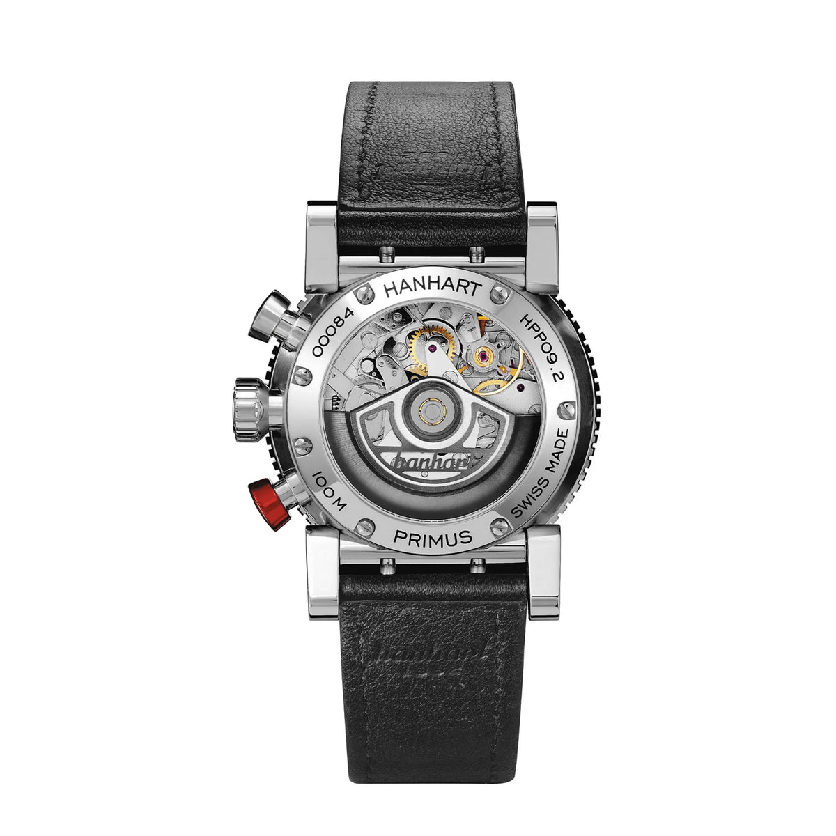 Rückseite des Hanhart Primus Racer Chronographs mit schwarzem Zifferblatt am schwarzen Lederband zeigt den Gehäuseboden mit Sichtglas