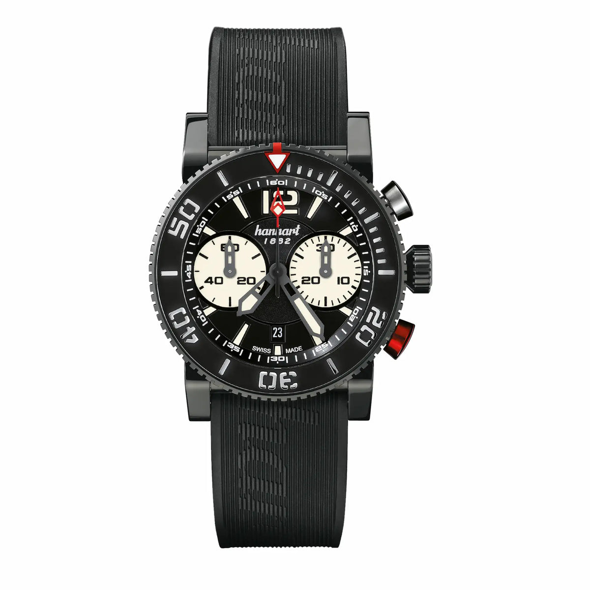 frontale Ansicht der Primus Diver Dark Armbanduhr von Hanhart mit einem schwarzen Zifferblatt, DLC-beschichtetem Edelstahl-Gehäuse und einem schwarzen Kautschuk-Armband