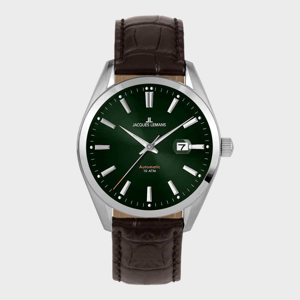 Frontale Ansicht der Jacques Lemans Uhr "Derby Automatic" mit grünem Zifferblatt und braunem Lederband
