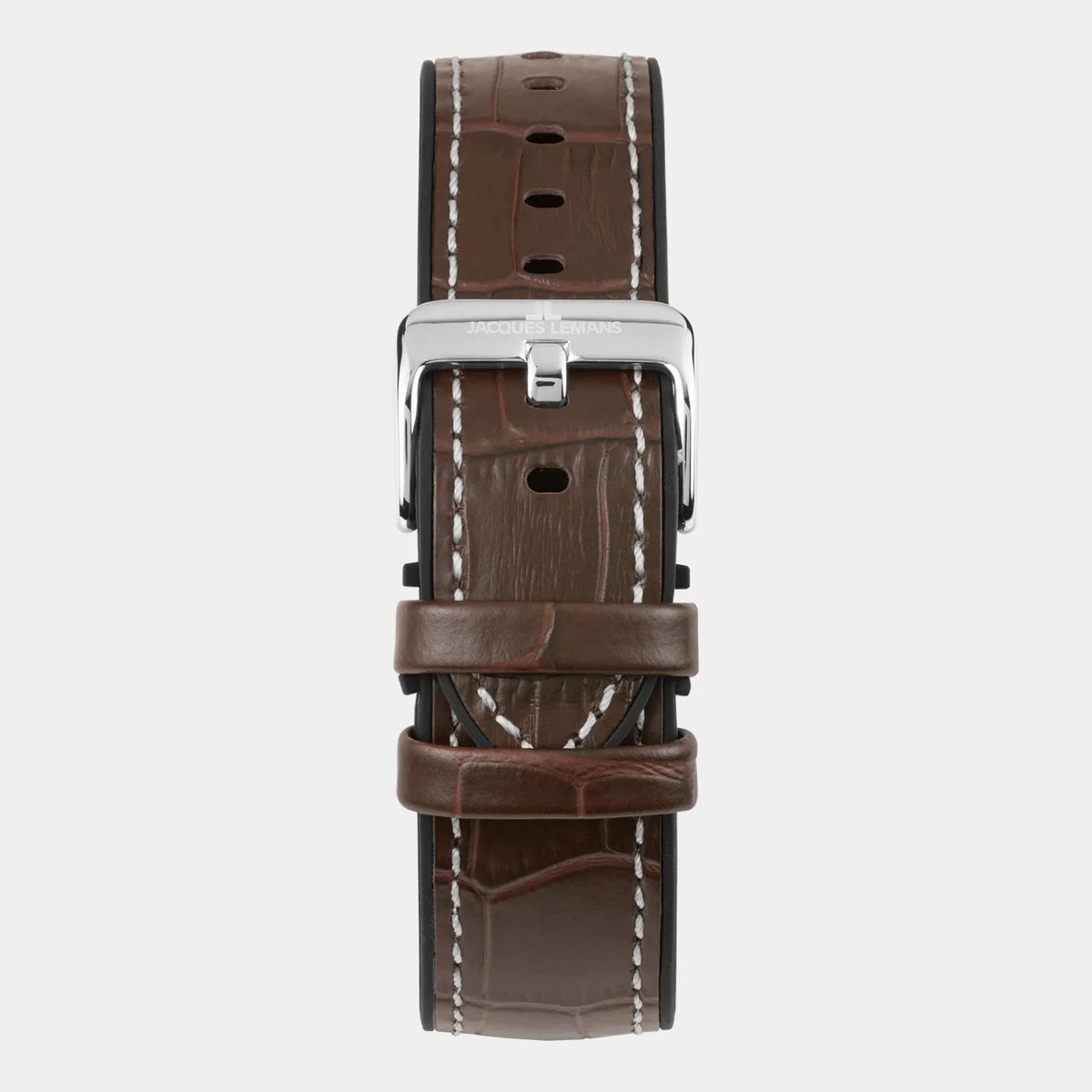 Blick auf das Band mit silberfarbener Dornschliesse der Jacques Lemans 1-2117W Chronograph-Armbanduhr für Herren mit einem anthrazitfarbenen Zifferblatt, roségoldfarbenen Ziegern und Edelstahl-Gehäuse an einem braunem Lederarmband mit einer groben Struktur und mit weißer Ziernaht