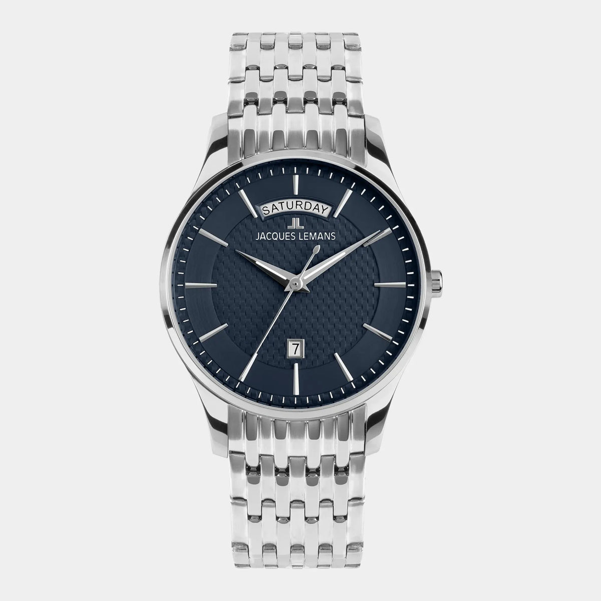 Frontale Ansicht der Jacques Lemans 1-2193H Herrenuhr aus der London-Kollektion mit blauem Zifferblatt am feingliedrigen Edelstahl-Armband