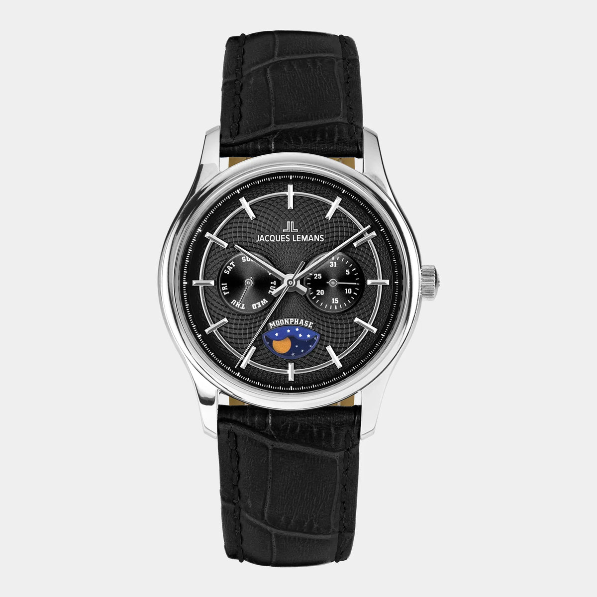 Frontale Ansicht der Jacques Lemans 2213-A Herrenuhr aus der Derby-Kollektion mit schwarzem Zifferblatt am schwarzen Lederband