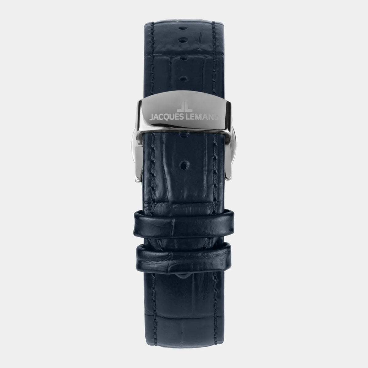 Blick auf das Armband der Jacques Lemans 1-2213C Herrenuhr aus der Derby-Kollektion mit blauem Zifferblatt am blauen Lederband
