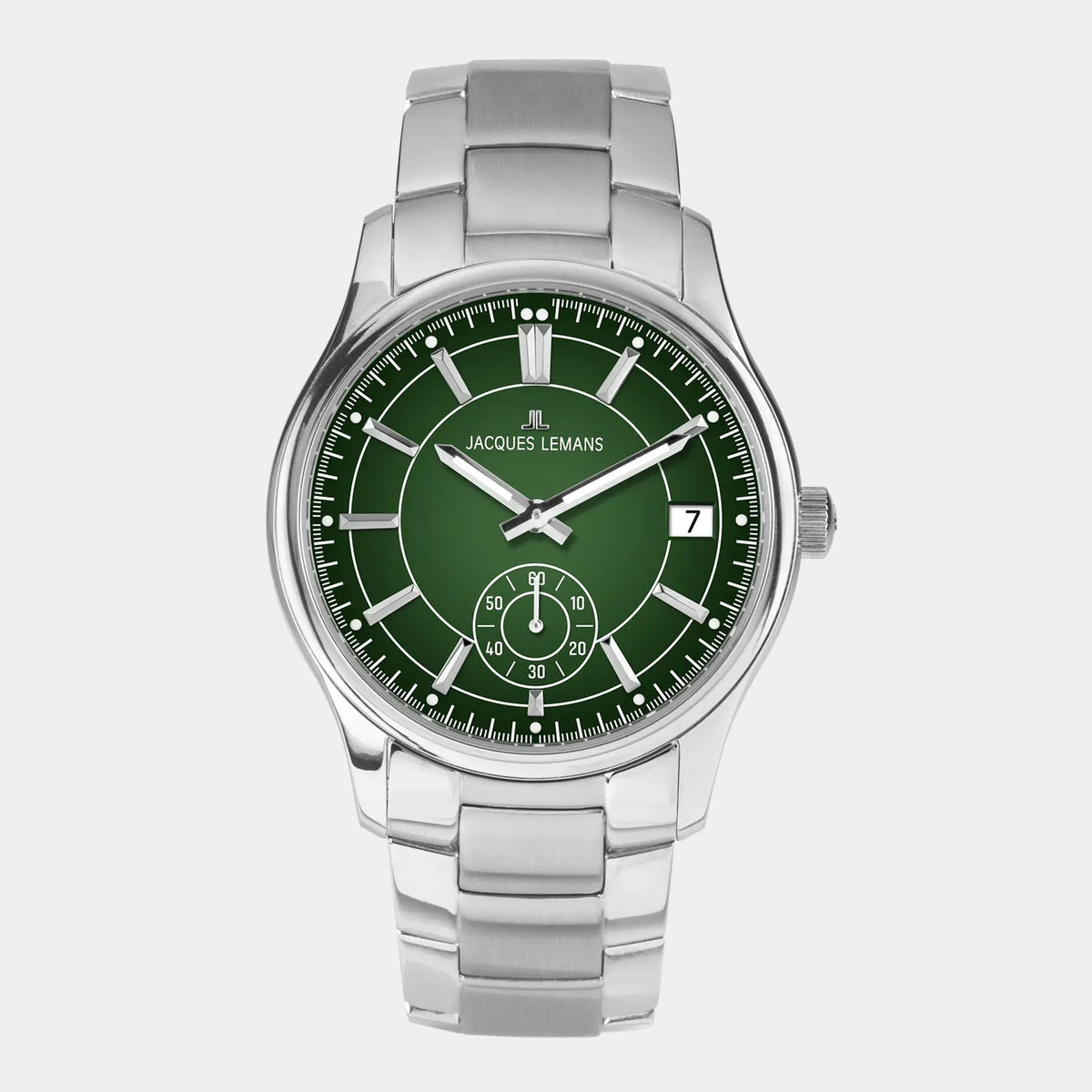 Frontale Ansicht der Jacques Lemans Derby 1-2197H Armbanduhr in Edelstahl mit grünem Zifferblatt mit Edelstahlarmband
