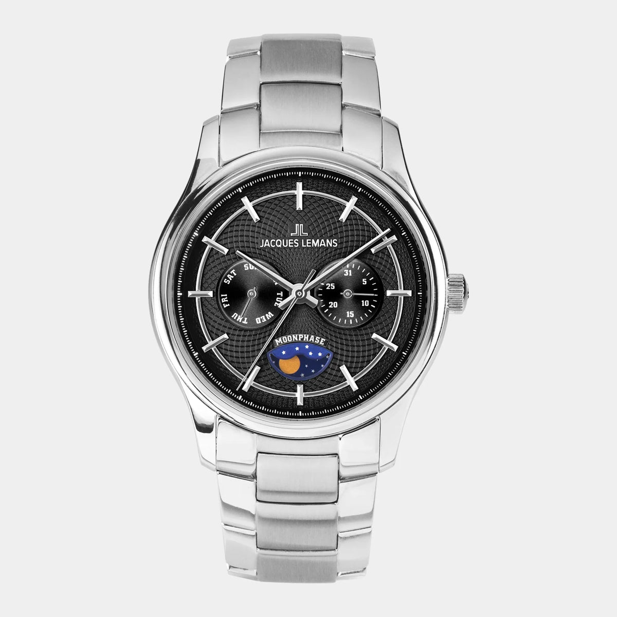 Frontale Ansicht der Jacques Lemans 1-2213I Herrenuhr aus der Derby-Kollektion mit schwarzem Zifferblatt am Edelstahl-Armband